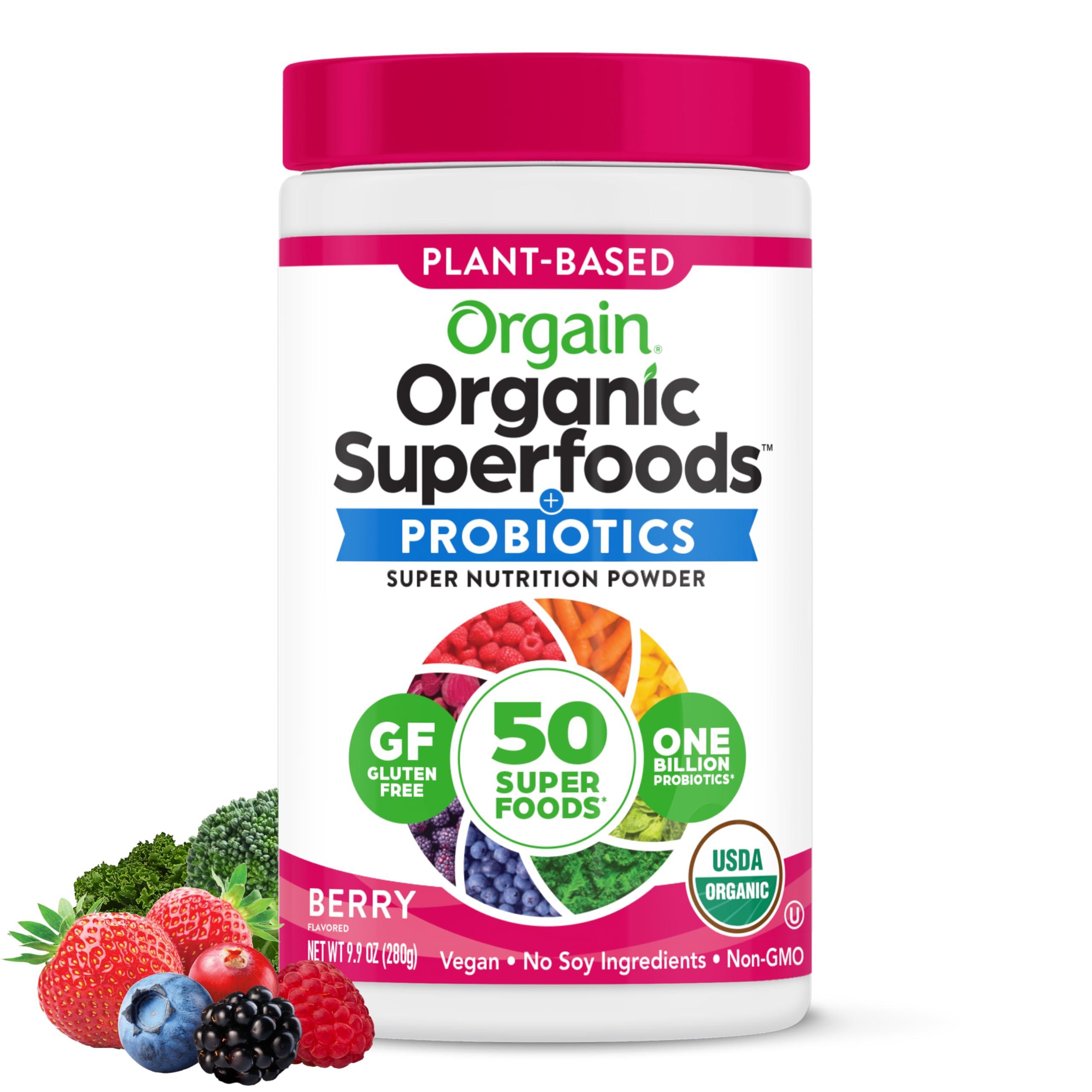 Orgain Organic Greens Powder + 50 Superfoods, Berry - 1 Billion Probiotics for Digestive Health, Antioxidants, Vegan, Plant-Based, Gluten-Free, Non-GMO, Green Juice & Smoothie Drink Mix - 0.62lb - Image 1