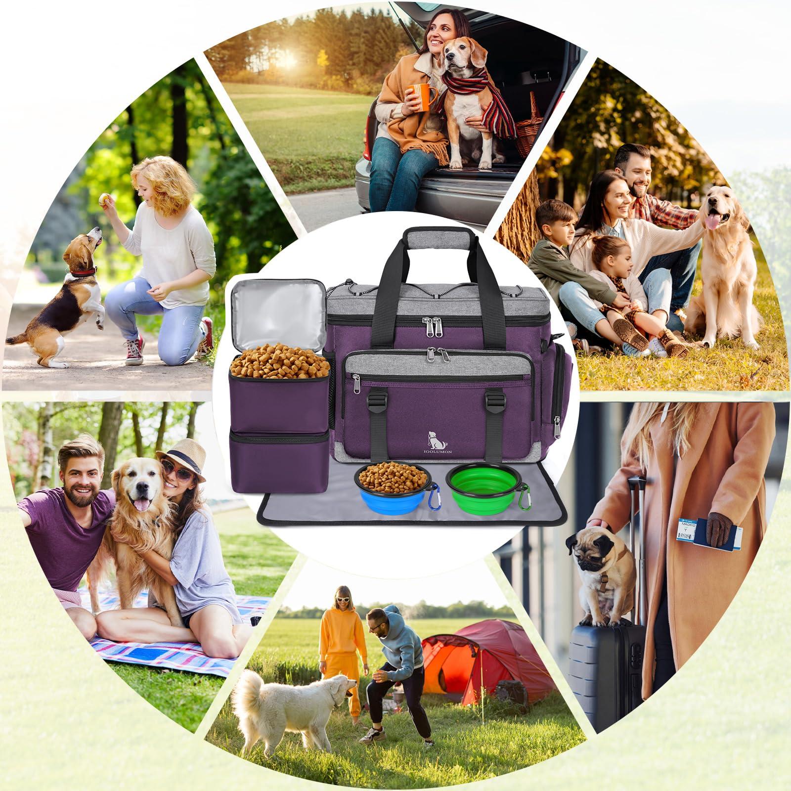 IGOLUMON Dog Travel Bag Large Pet Travel Bags Set for Supplies Weekend Dog Travel Kit Tote Organizer Multi-Pockets Dog Food Travel Bag with 2 Large Food Containers, 2 Dog Bowls, 1 Feeding Mat, Purple - Image 8