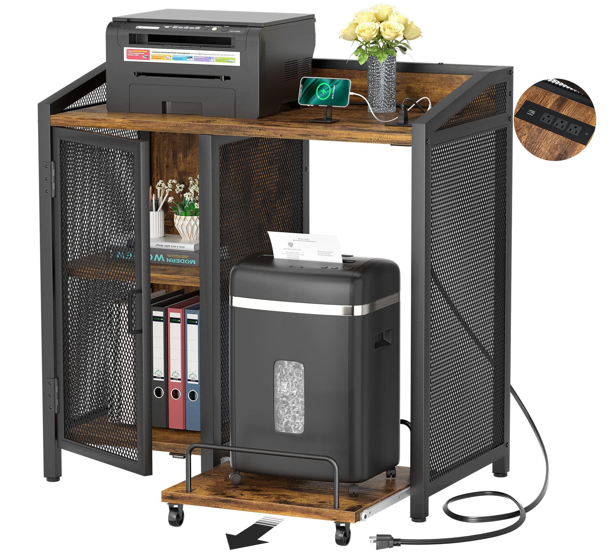 Unikito 3-Tier Lateral Office Filing Cabinets with Socket and USB Charging Port, Modern Printer Stand and Paper Shredder Stand Rack with Wheels and Open Storage Shelves for Home Office, Rustic Brown