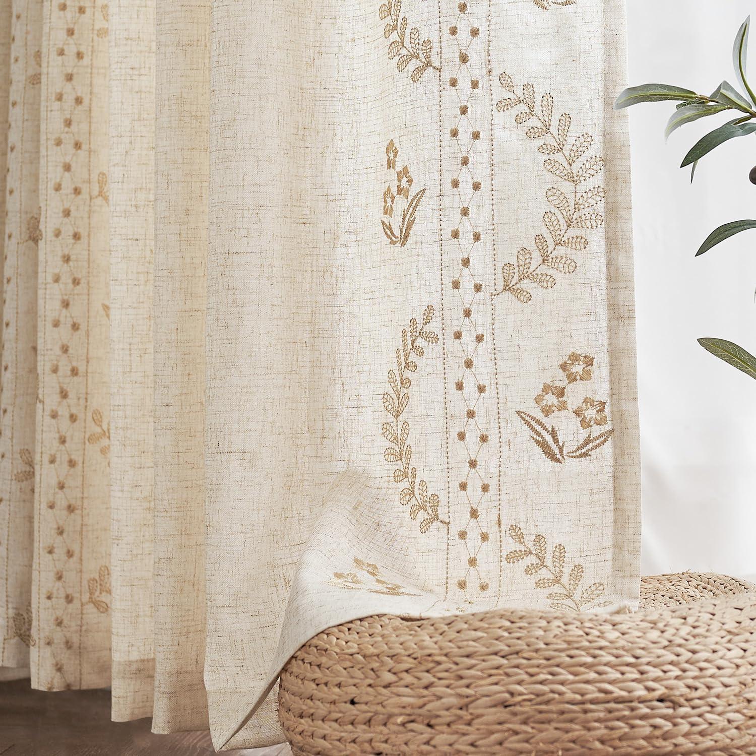 jinchan Linen Curtains for Bedroom Floral Curtains 84 Inch Length Linen Blend Beige Embroidered Drapes Farmhouse Flower Patterned Drapes for Living Room Window Treatments Set 2 Panels - Image 8