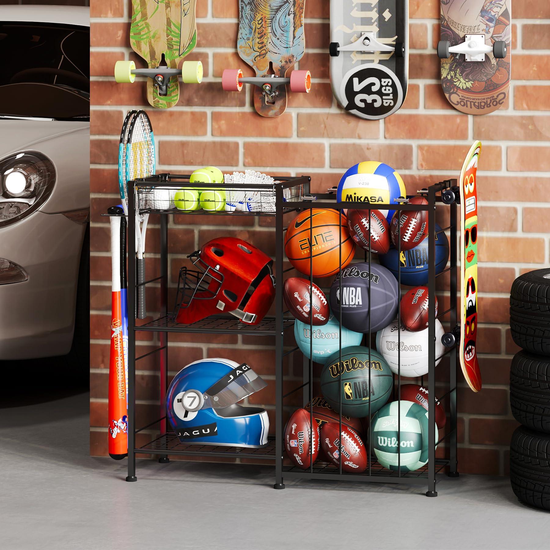 Sports Equipment Organizer, Ball Storage Rack with Elastic Straps and Removable Basket for Garage Organization, Garage Organizer with Hooks for Toy Sports Gear Storage, Sports Ball Storage Cart, Black - Image 5
