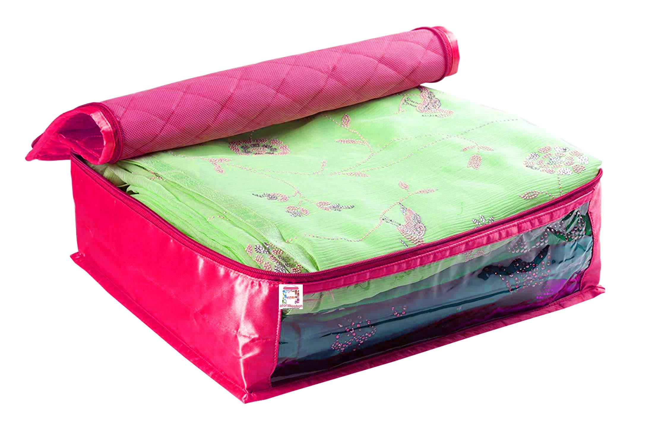 atorakushon Fabric Satin Foldable Saree Covers Cloth Garments Storage Bag Wardrobe Organizers with Strong Zippers & Transparent Window Pack of 6 Pink - Image 3