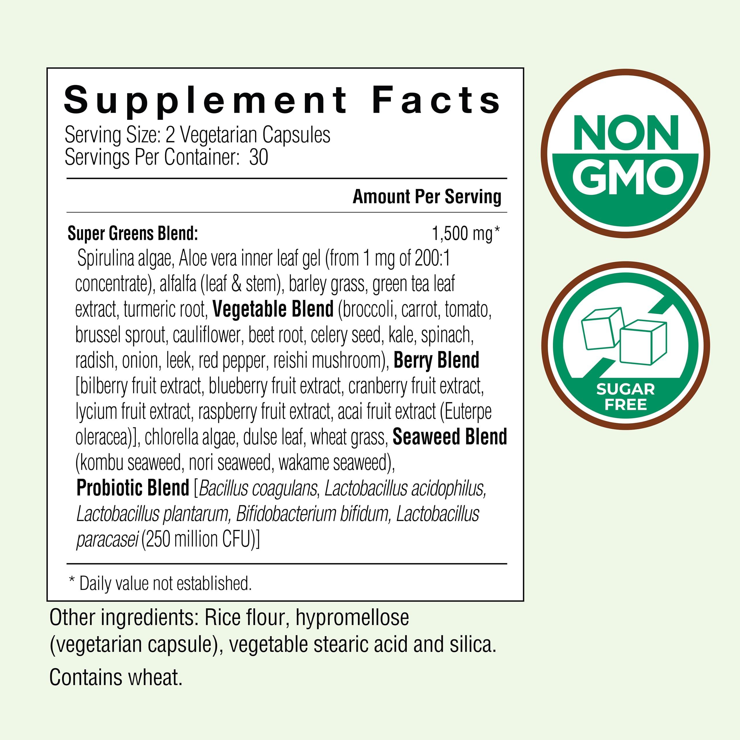 COUNTRY FARMS Super Greens Vegicaps, 32 Super Foods, Whole Food Supplement, Greens, Fruit, Vegetables, Mushrooms & Probiotics, Rich in Antioxidants & Phytonutrients, 60 Count, 30 Servings - Image 2