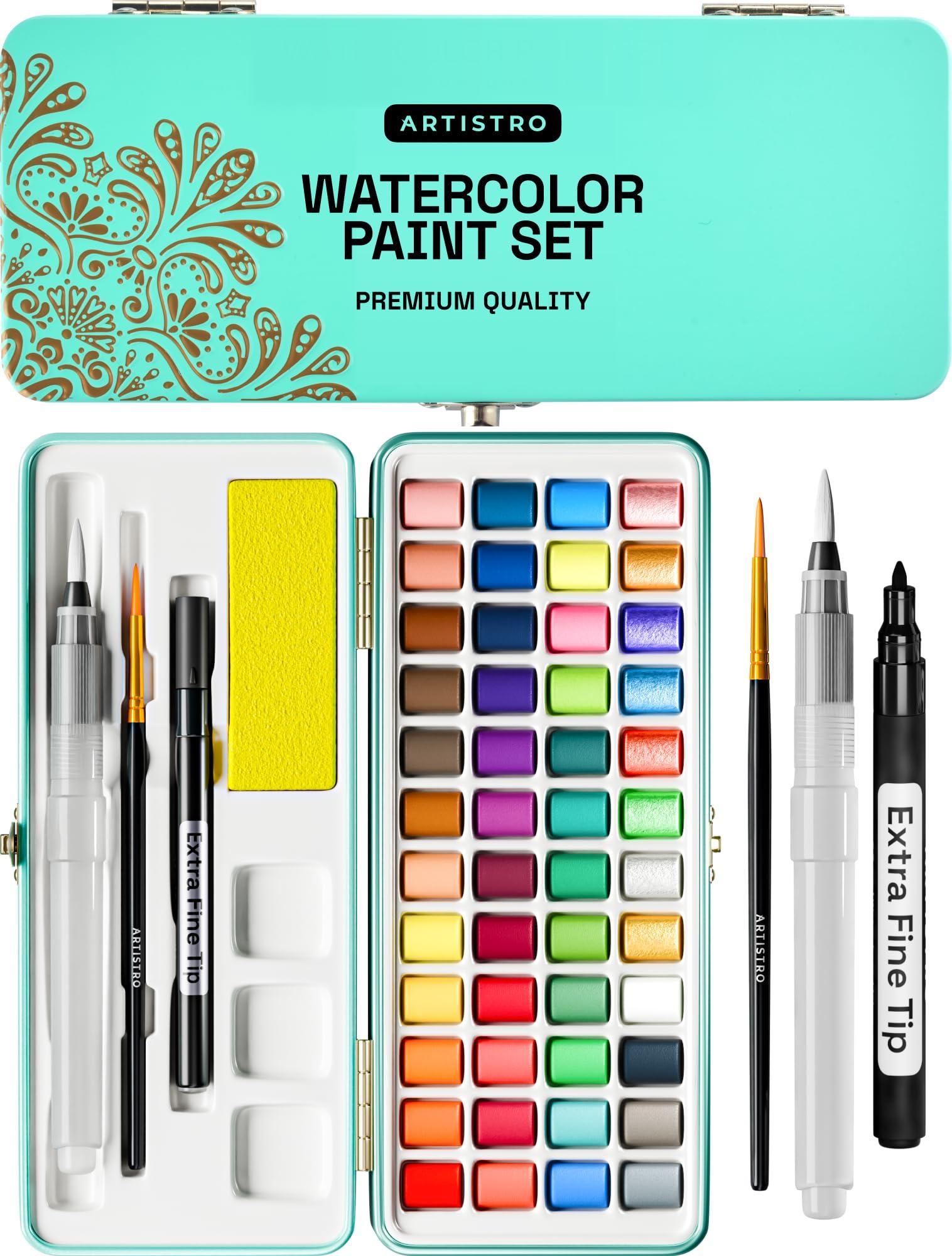ARTISTRO Watercolor Paint Set, Vivid Colors in Portable Box, Palette set, Including Metallic and Fluorescent Colors. Perfect Travel Watercolor Set for Artists, Amateur Hobbyists and Painting