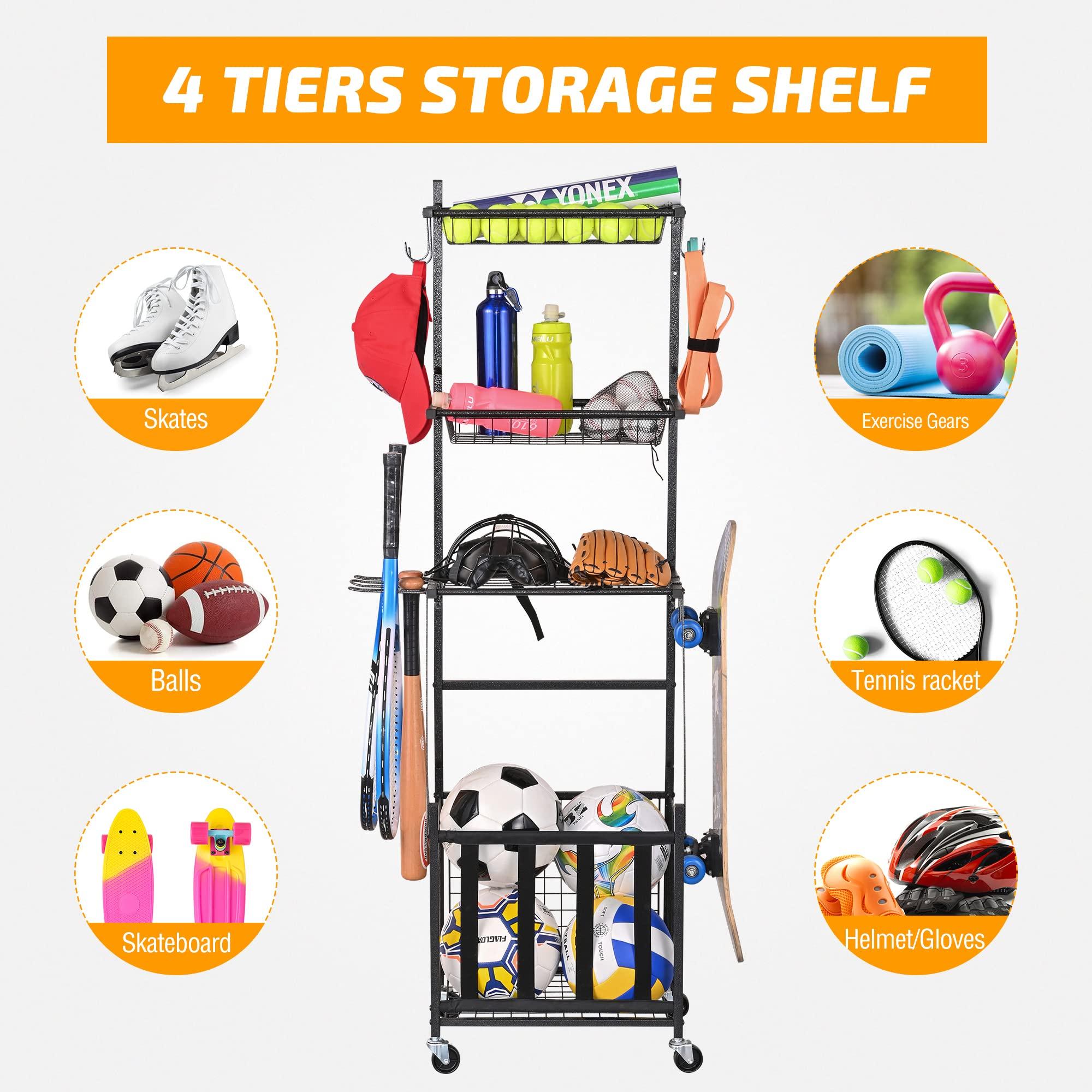 PLKOW Sports Equipment Storage for Garage, Indoor/Outdoor Sports Rack for Garage, Ball Storage Garage Organizer with Basket and Hooks,Toy/Sports Gear Storage - Image 5
