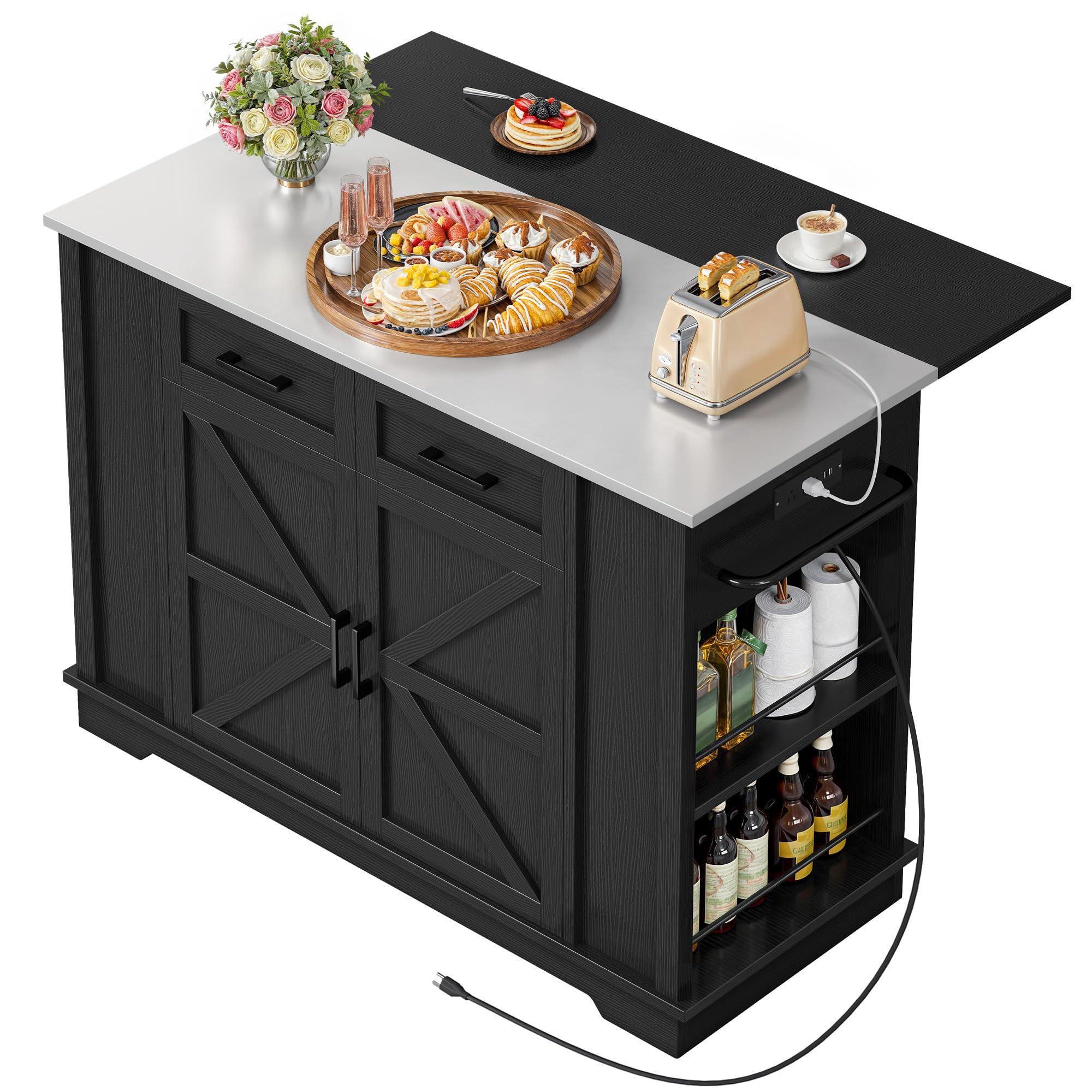 YITAHOME Kitchen Island with Drop Leaf, 47 Inch Mobile Stroage Islands with Stainless Steel Top, Rolling Island Table with Power Outlet, Adjustable Shelves, Spice Rack, Towel Rack for Kitchen, Black - Image 5