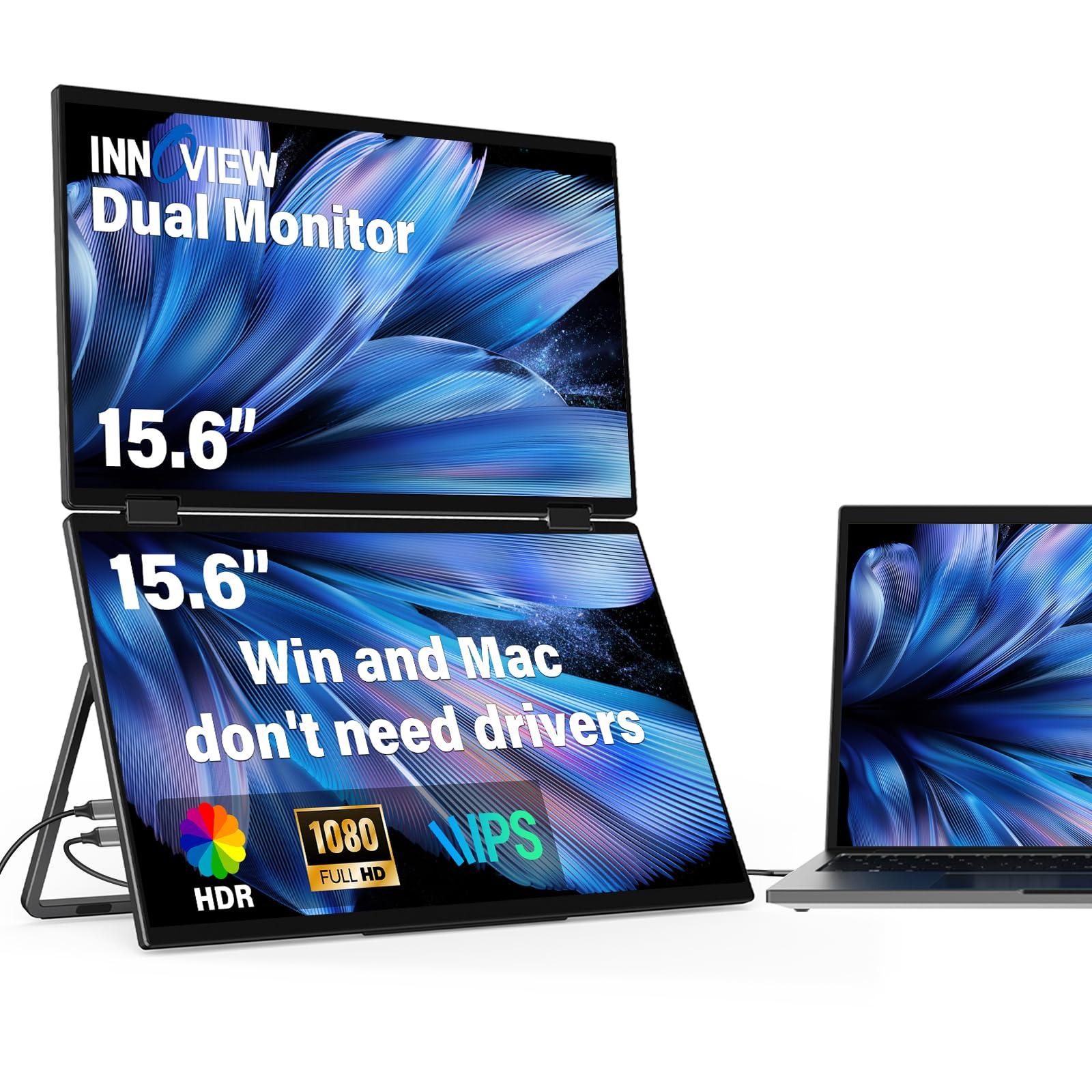 InnoView Laptop Screen Extender 15.6" Dual Portable Monitors 1080P FHD Stacked Folding Triple Monitor HDMI USB-C Portable Dual Monitor for Laptop Windows Mac (No Driver Needed)