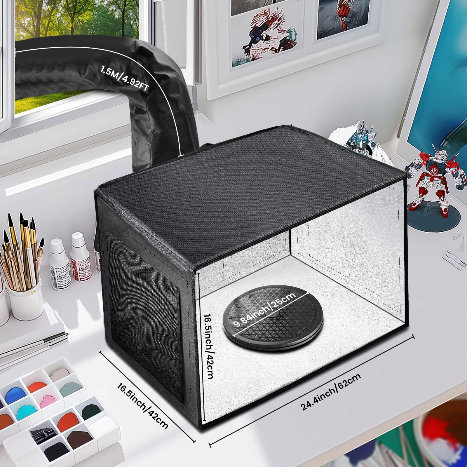 Airbrush Spray Booth with Dual Exhaust Fans,Portable Airbrush Paint Booth for Airbrushing,2 Round Led Lights with 360° Coverage,Turntable and Extension Hose,Hobby Spray Booth Kit for Painting Model - Image 3