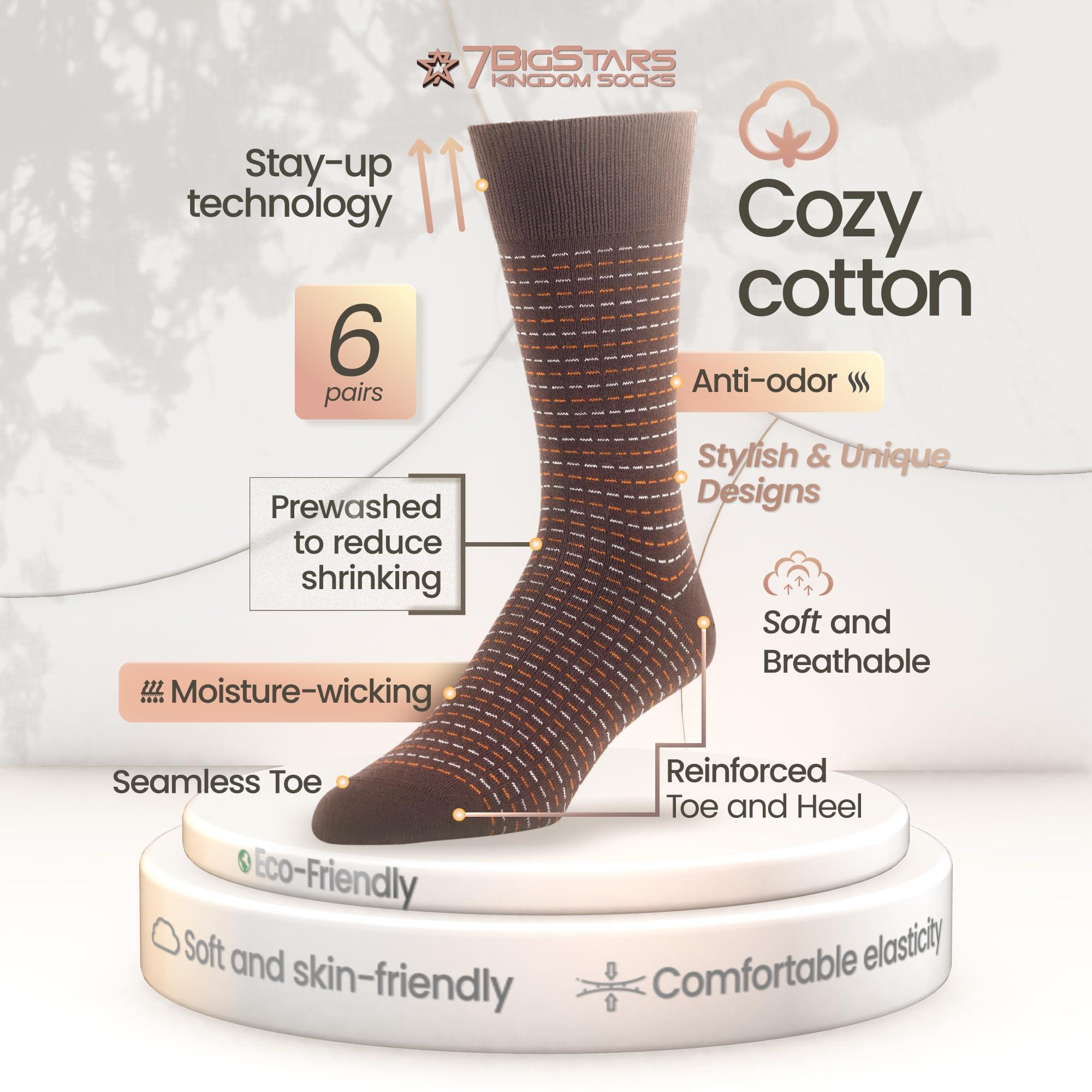 7Bigstars Men's Cotton Dress Crew Socks -6 pack-Argyle Stripes Dots-Large-Brown Blue Black Khaki Beige - Image 2