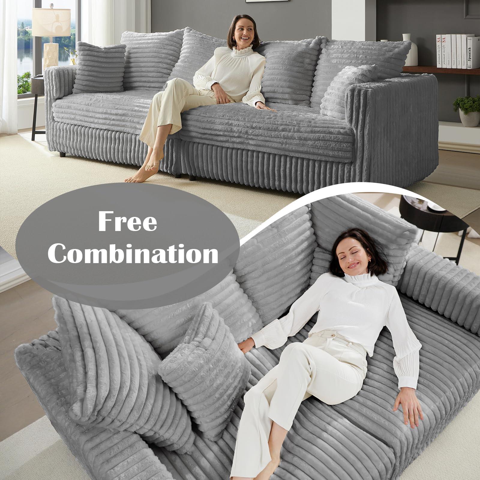 MJQFVM 104.3'' Cloud Couch, 4 Deep Seat Convertible Modular Sectional Sofa, Plush Corduroy & Memory Foam Couches with 6 Soft Pillows for Living Room, Apartment (Grey) - Image 6