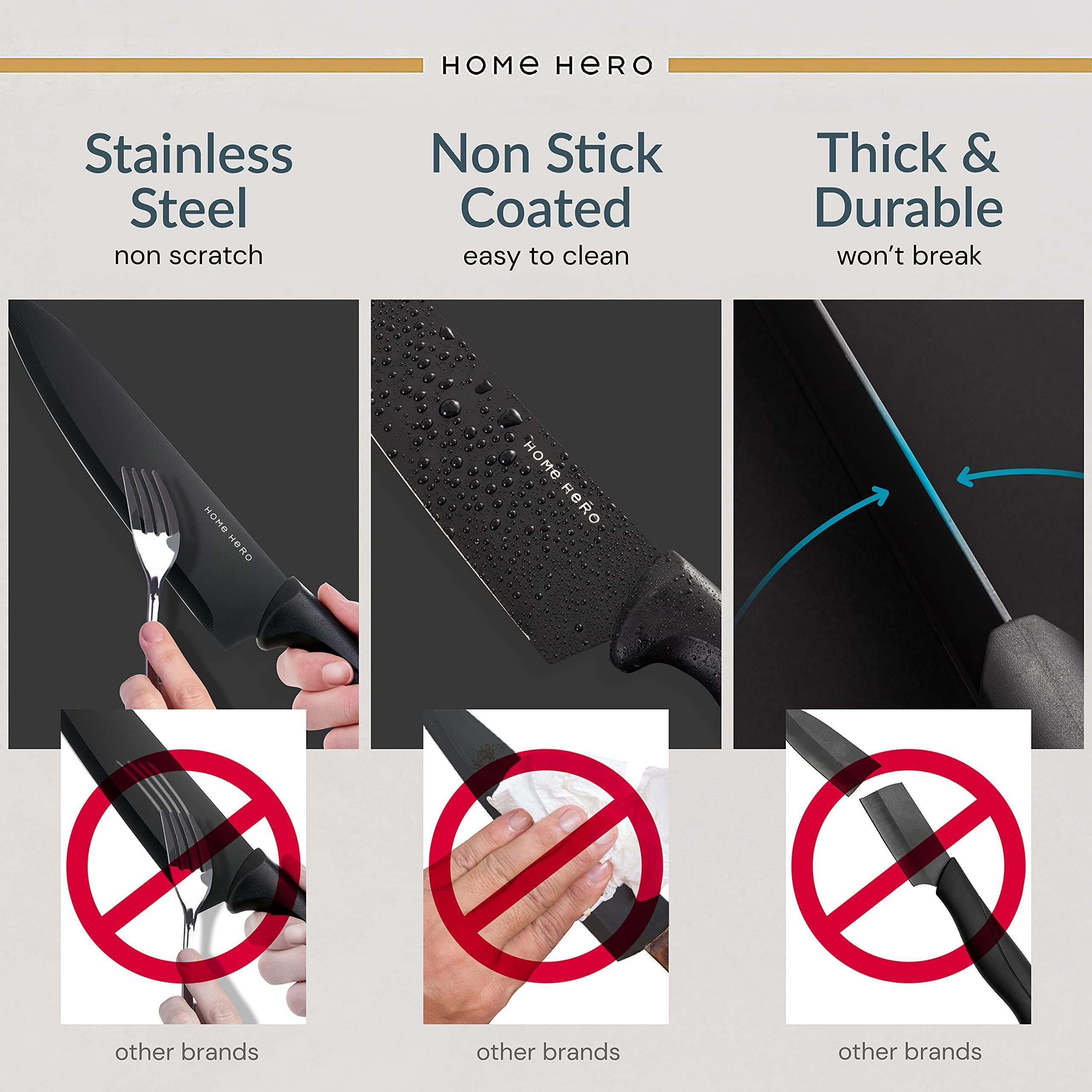 Home Hero Kitchen Knife Set with Sharpener - High Carbon Stainless Steel Knife Block Set with Ergonomic Handles (20 Pcs - Black) - Image 12