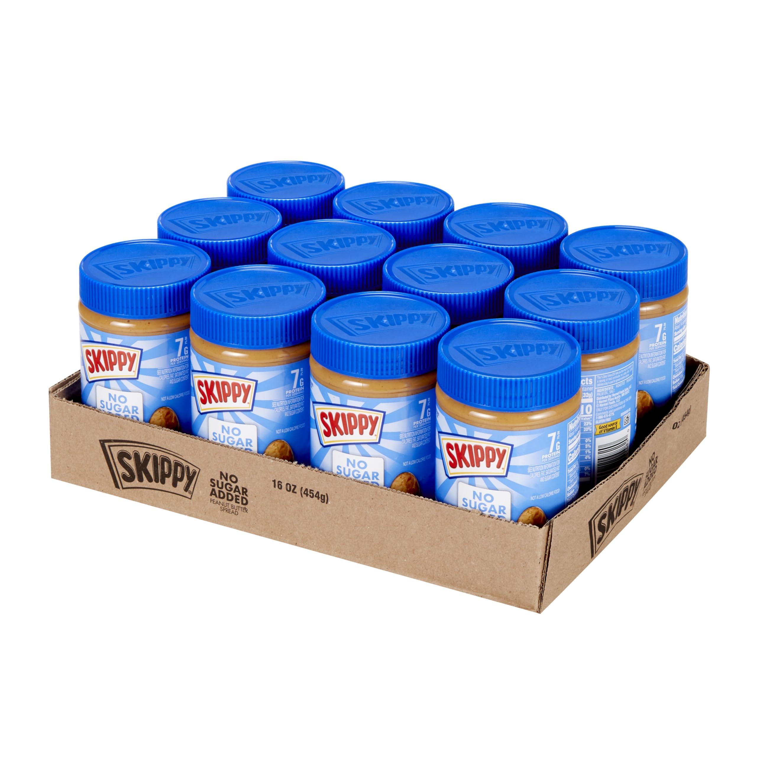 SKIPPY No Sugar Added Chunky Peanut Butter Spread, 16 oz Jars (Pack of 12) – 3 Ingredients, 7g Protein per Serving, Gluten-Free