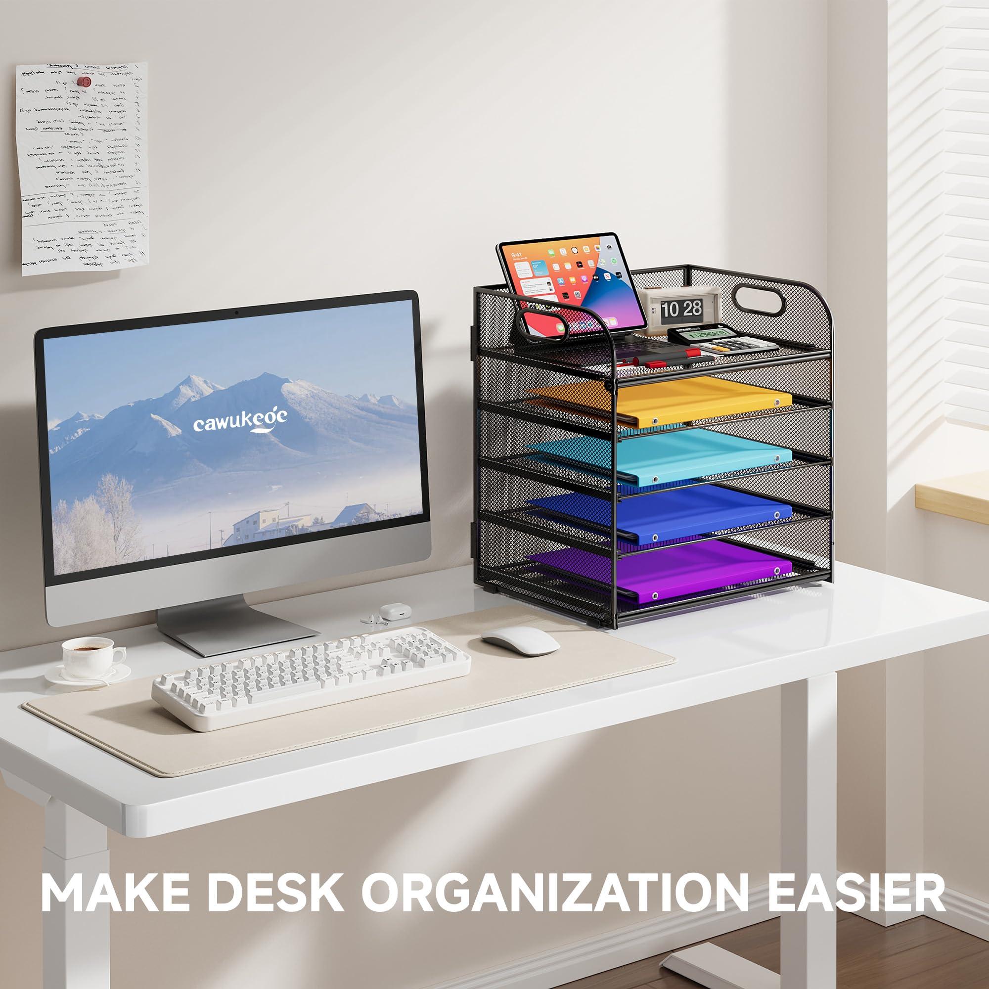Cawukege 5 Tier Paper Organizer with Handle, Metal Mesh Desk Organizer File Folder Paper Letter Tray Desktop Document Sorter for Classroom, School, Office Accessories Organization and Storage - Black - Image 4