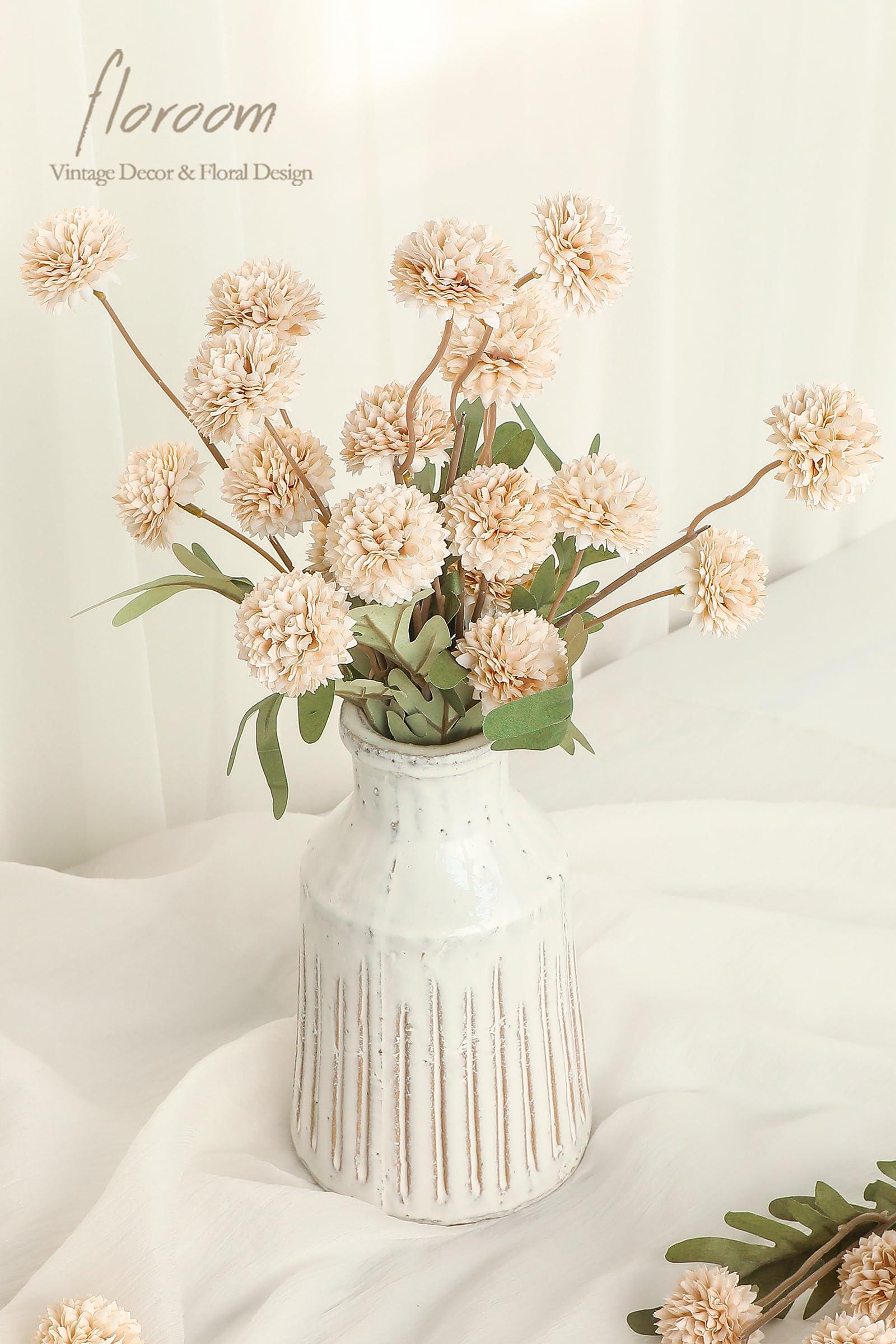 Floroom 5pcs Faux Silk Pompon Mum Artificial Flowers, Bulk Fake Mini Chrysanthemums with Stems for DIY Bouquet Centerpieces Wedding Fillers Champagne Arrangements Shower Decorations, Beige - Image 2