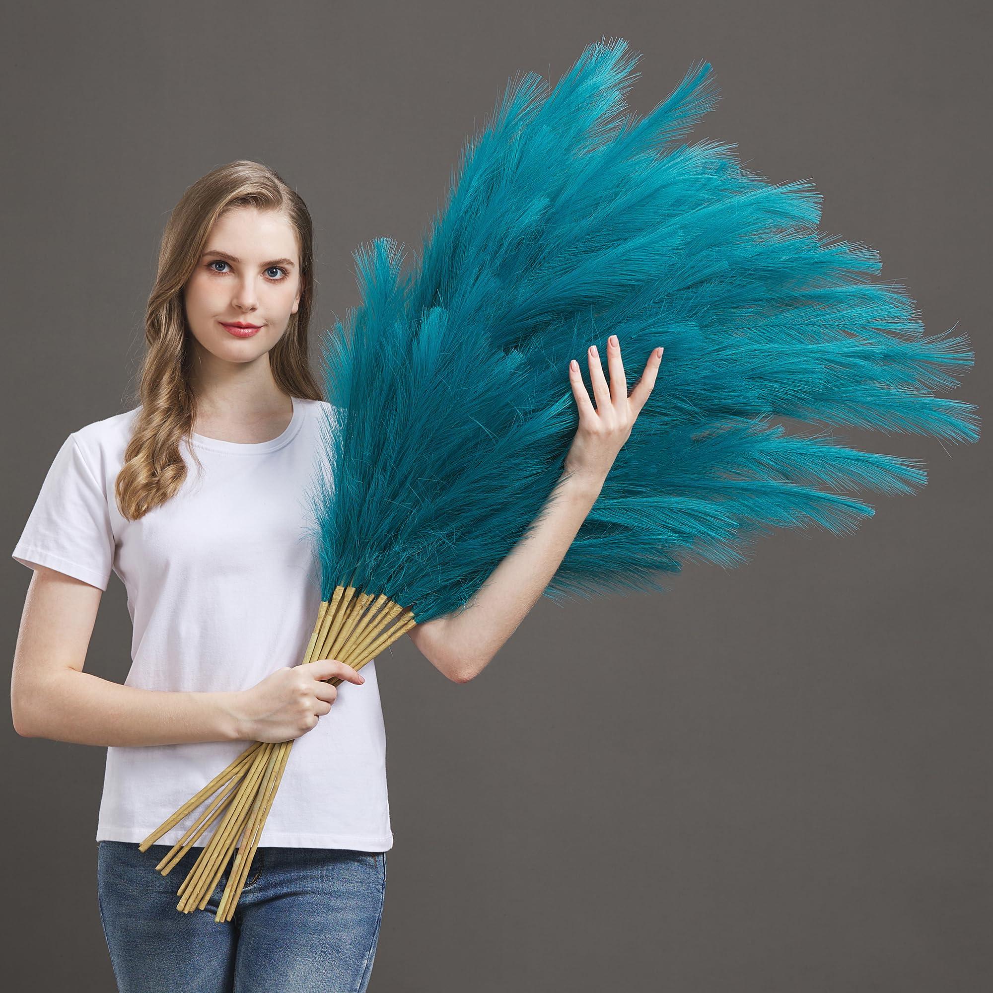 Aurora Prime 7 Pcs Faux Pampas Grass-45 Inches/3.75ft Large Boho Decor Fluffy Artificial Pompas Grass Décor Tall Vase Filler for Home Wedding Decoration (Blue)