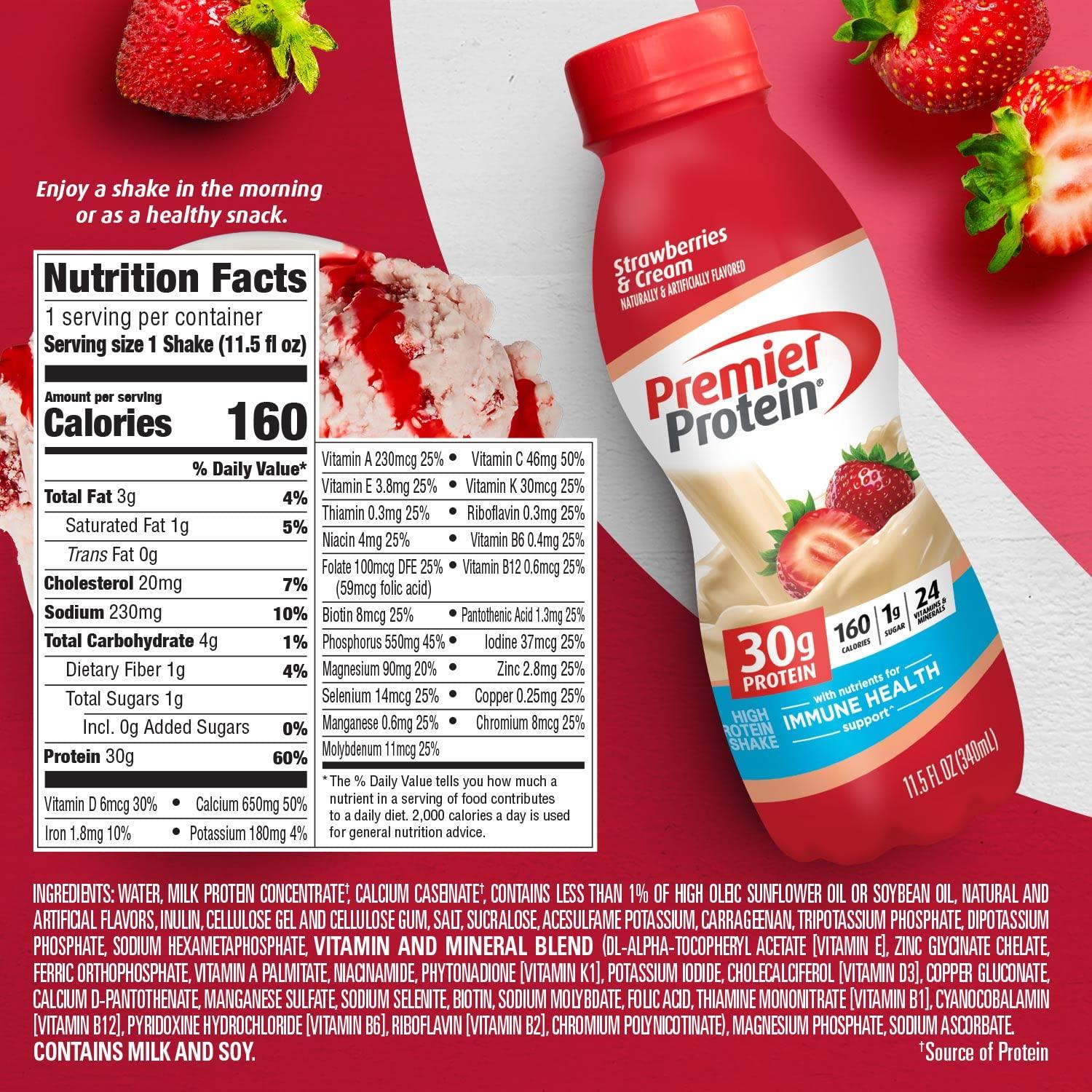 Premier Protein Shake, Strawberries & Cream, 30g Protein 1g Sugar 24 Vitamins Minerals Nutrients to Support Immune Health, 11.5 fl oz (Pack of 12) - Image 2