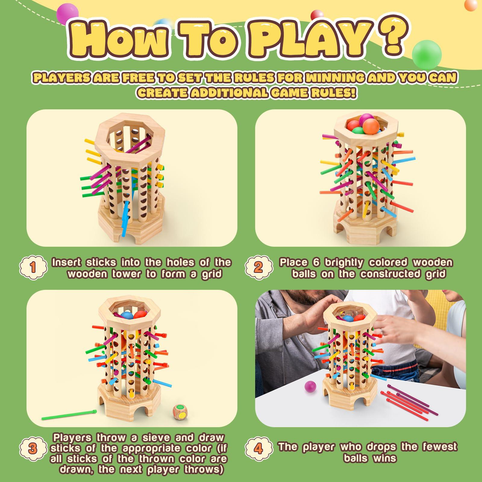 Montessori Wooden Board Game for Kids 3-6 Years - Educational Learning Toy with Colorful Sticks, Dice& Balls - Fine Motor Skills, Classic Tower Games for Family Night - Gift for Toddlers Boys Girls - Image 3
