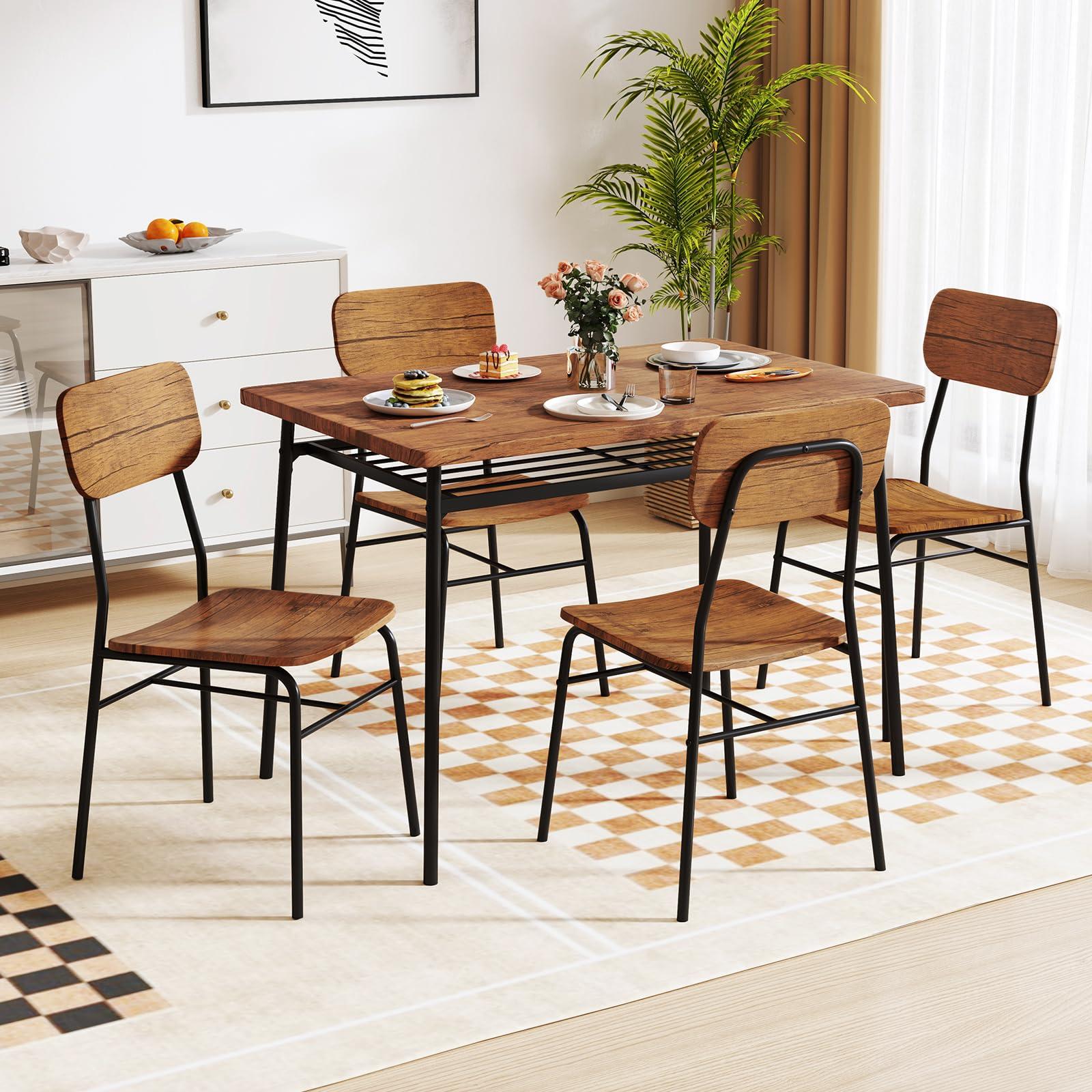 GOFLAME 5-Piece Dining Table Set for 4, Wood Rectangular Kitchen Table & Chairs Set with Metal Frame, Storage Rack, Space-Saving Industrial Dinette Set for Dining Room, Living Room, Breakfast Nook