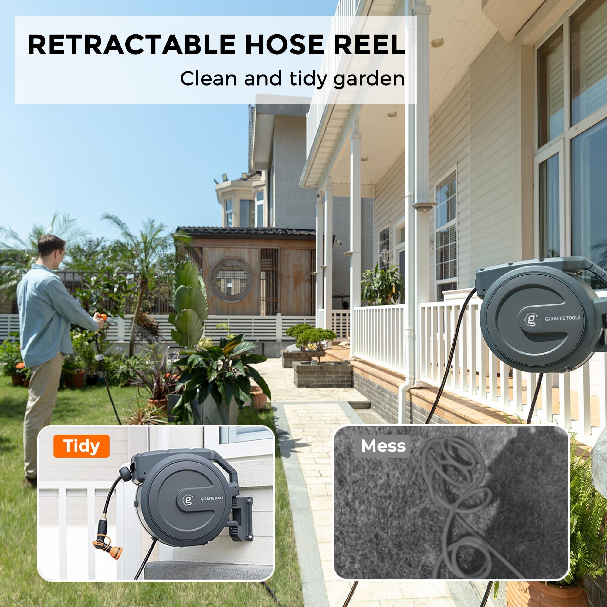 Giraffe Tools Retractable Garden Hose Reel 1/2 Inch x 130 ft, Super Heavy Duty, Any Length Lock, Slow Return System, Wall Mounted and 180 Deg Swivel Bracket - Image 2