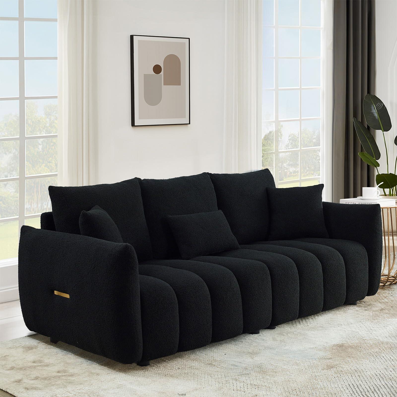 Antetek 81" Modern Sofa Couch, Comfy Deep Seat Teddy Cloud Sofa, Upholstered 3-Seater Boucle Couch, Oversized Loveseat for Living Room, Bedroom, Office, Apartment, Black