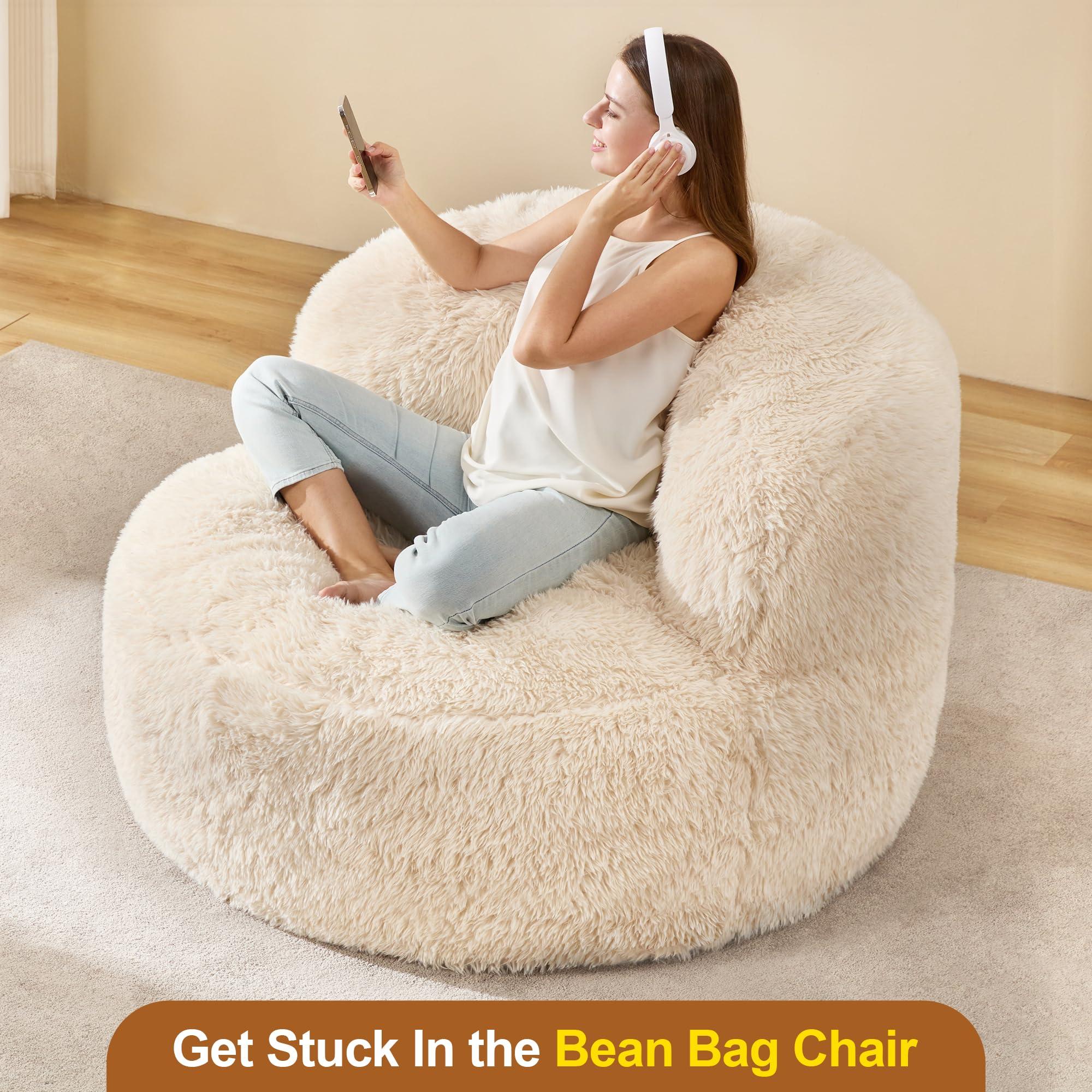 Hobestluk Bean Bag Chair Giant Bean Bag Chairs for Adults Big Adult Bean Bag Chair with Foam Filler Large Beanbags with Stuffed Back Lazy Sofa, White-Oversize - Image 3