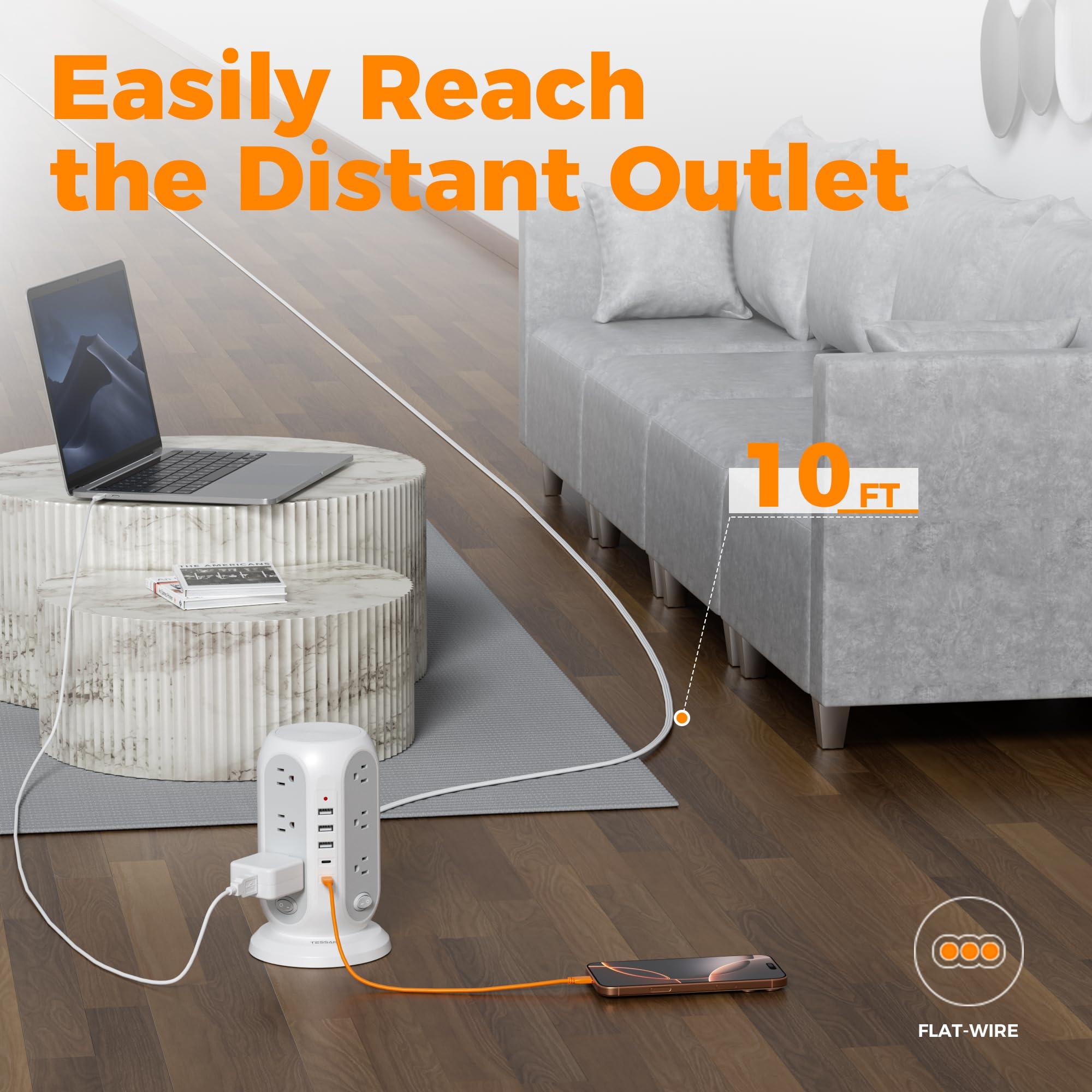 Tower Power Strip with Individual Switches, TESSAN Surge Protector with 12 Outlets, 5 USB Ports(2 USB C), Flat Extension Cord 10 Ft, Flat Plug, Charging Station for Multiple Devices, for Office, Dorm - Image 5