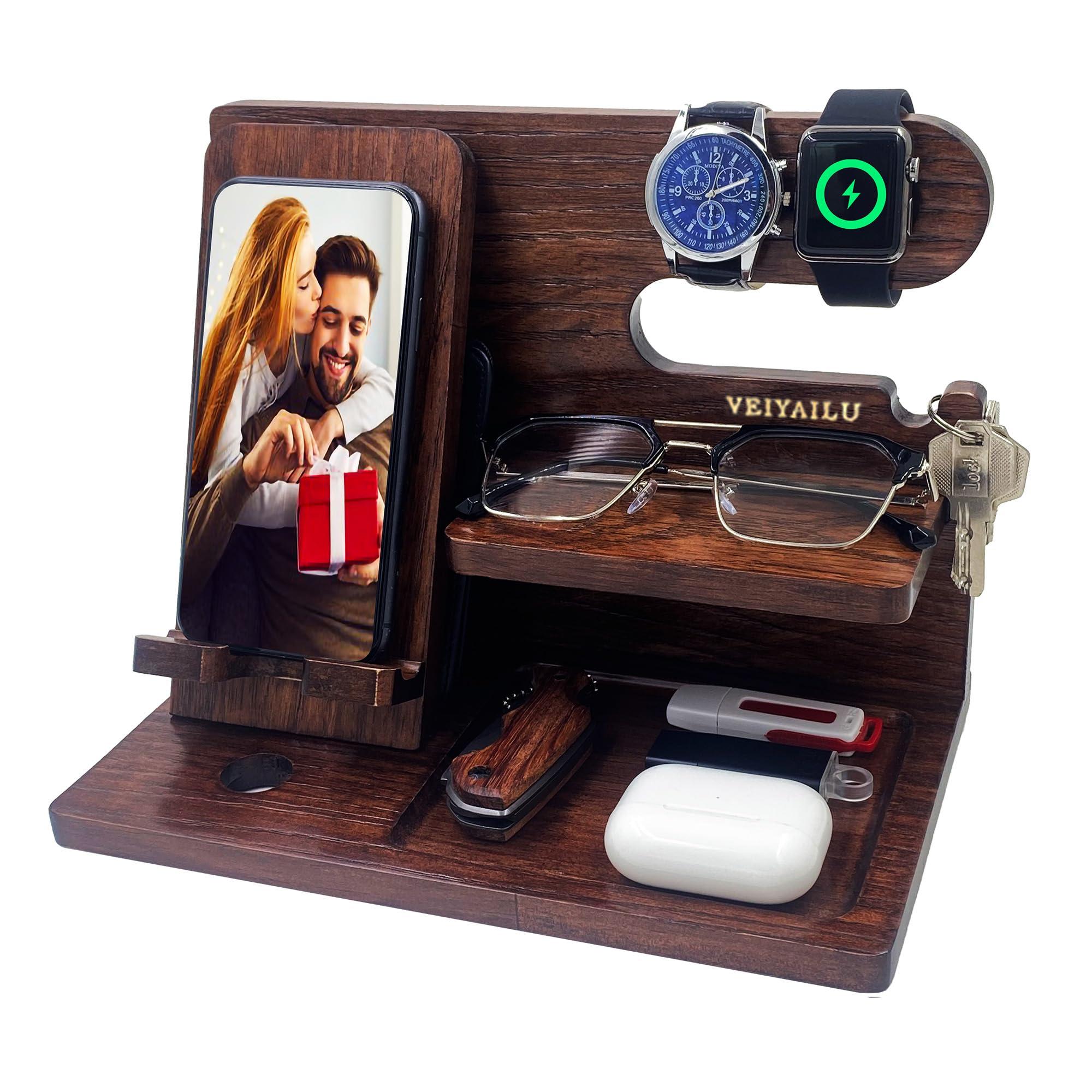VEIYAILU Gifts for Men Women Brother Boss Boyfriend Him Nightstand Organizer Gifts for Dad from Daughter Son Wood Phone Docking Station (Dark Brown)