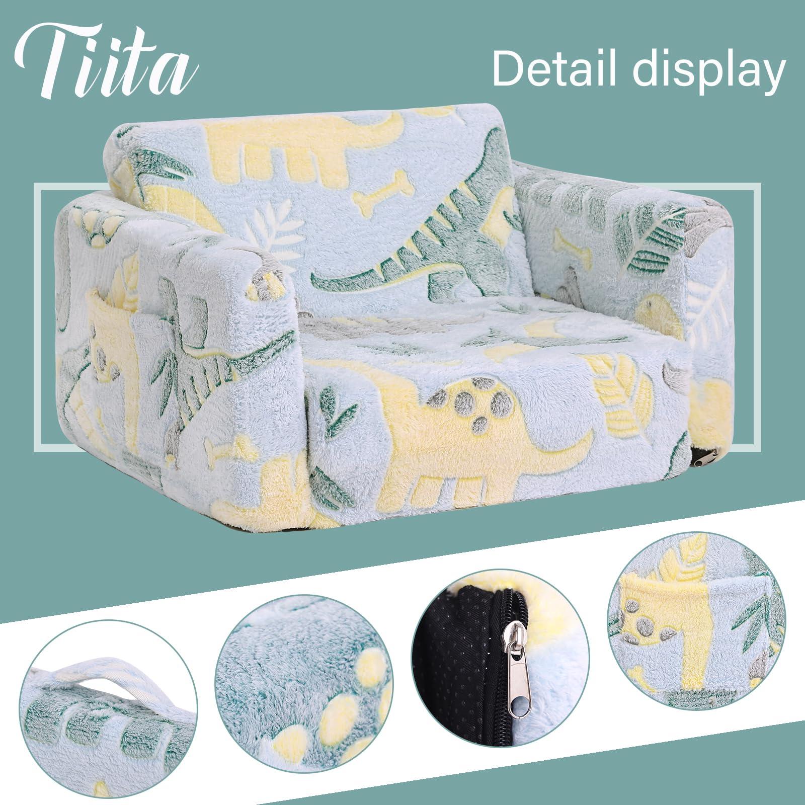 Tiita Kids Sofa, 2-in-1 Kid Sofa, Convertible Children Couch to Lounger, Flip Out Kids Chair, Glow in The Dark Toddler Armrest Chair Bed for Girl or Boy (Grey Dinosaur) - Image 4