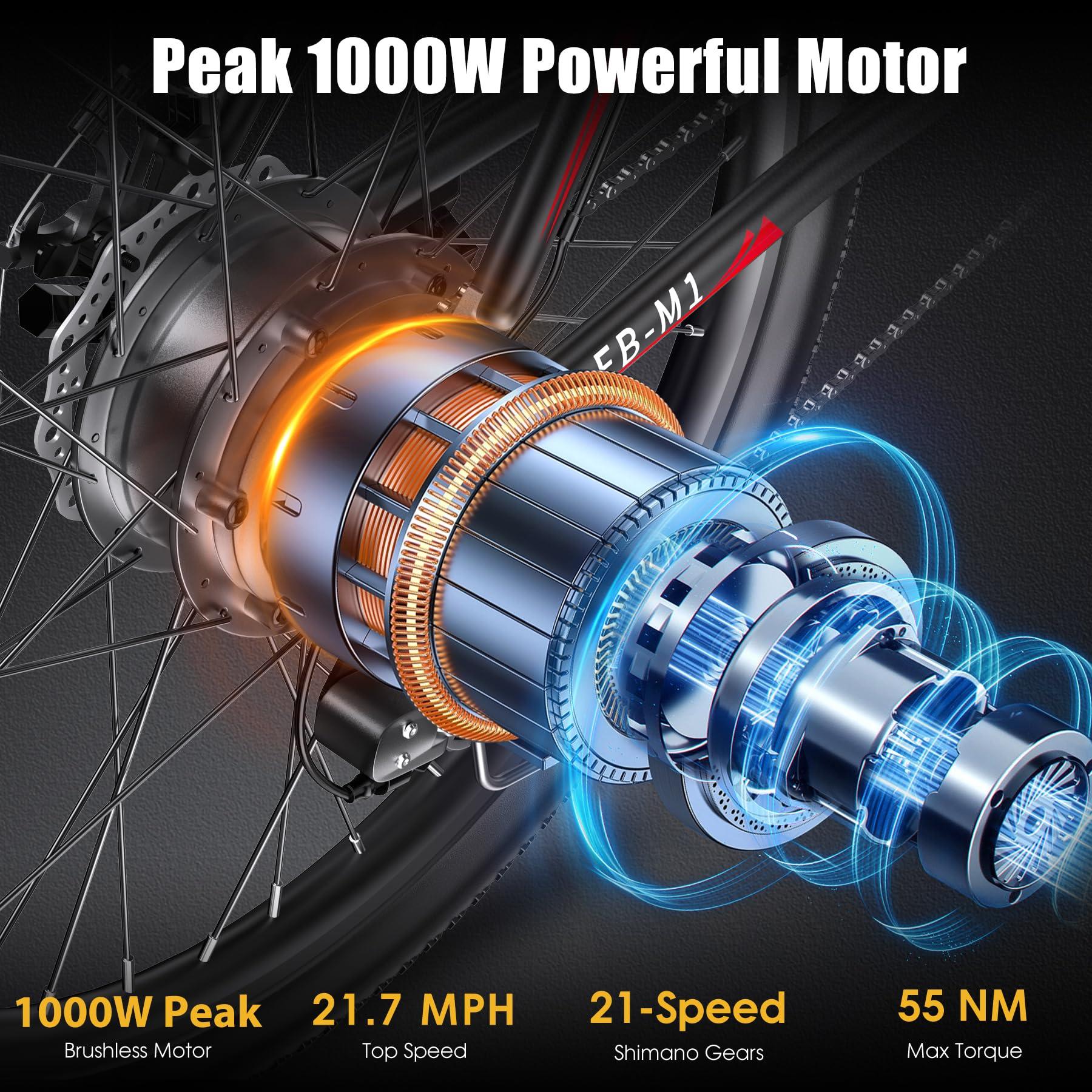 Funhang Electric Bike for Adults, Peak 1000W Ebike, 50Miles 21.7MPH Adult Electric Bicycles, 26" Electric Mountain Bike 48V 374.4WH Battery, Commuter E Bike with Adjustable Stem, Fenders, 21 Speed - Image 2