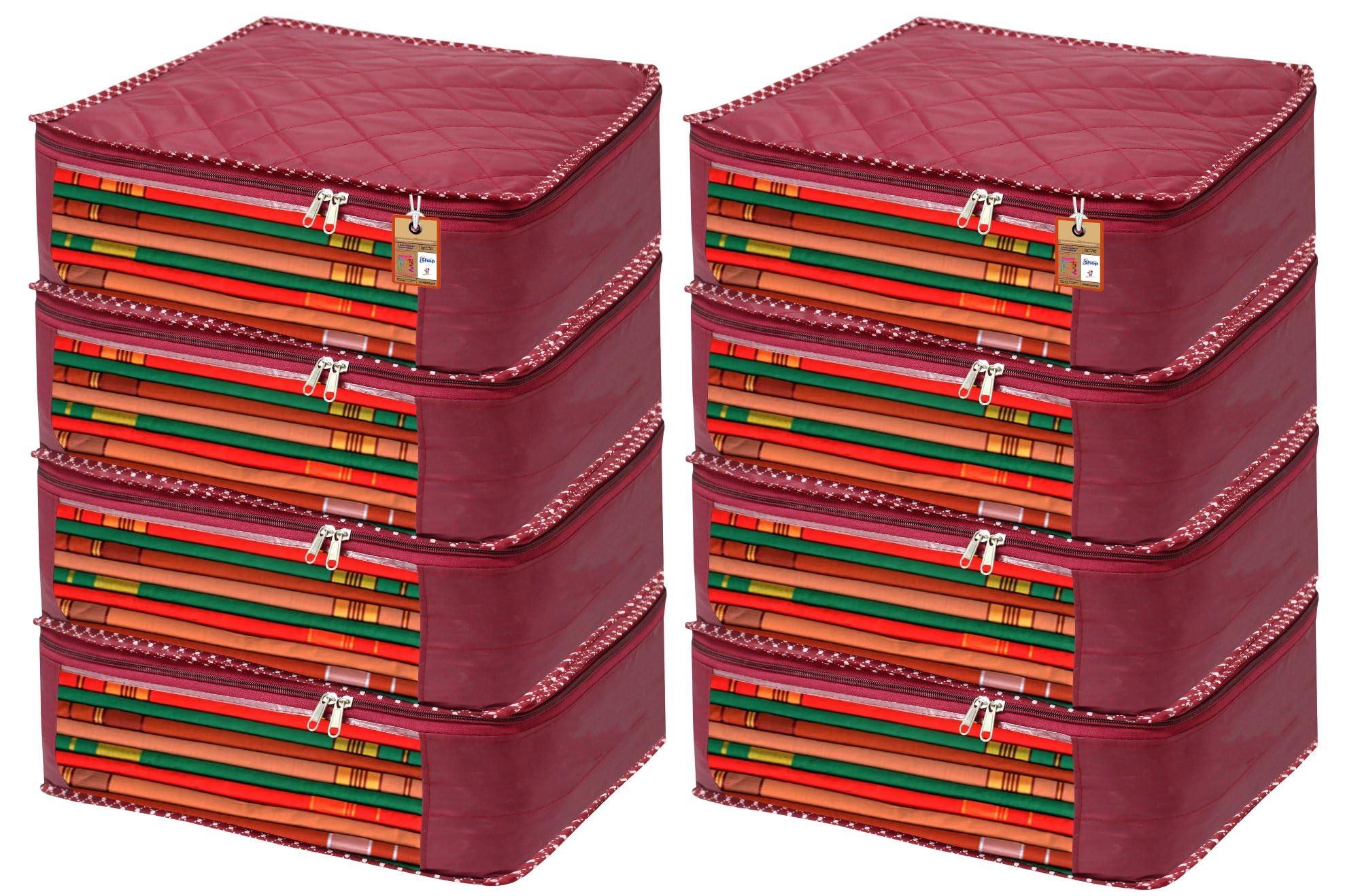 atorakushon Pack of 8 Fabric Foldable Saree Garments Covers Closet Organizer Clothing Storage Bags with Clear Window Sturdy Zipper Maroon