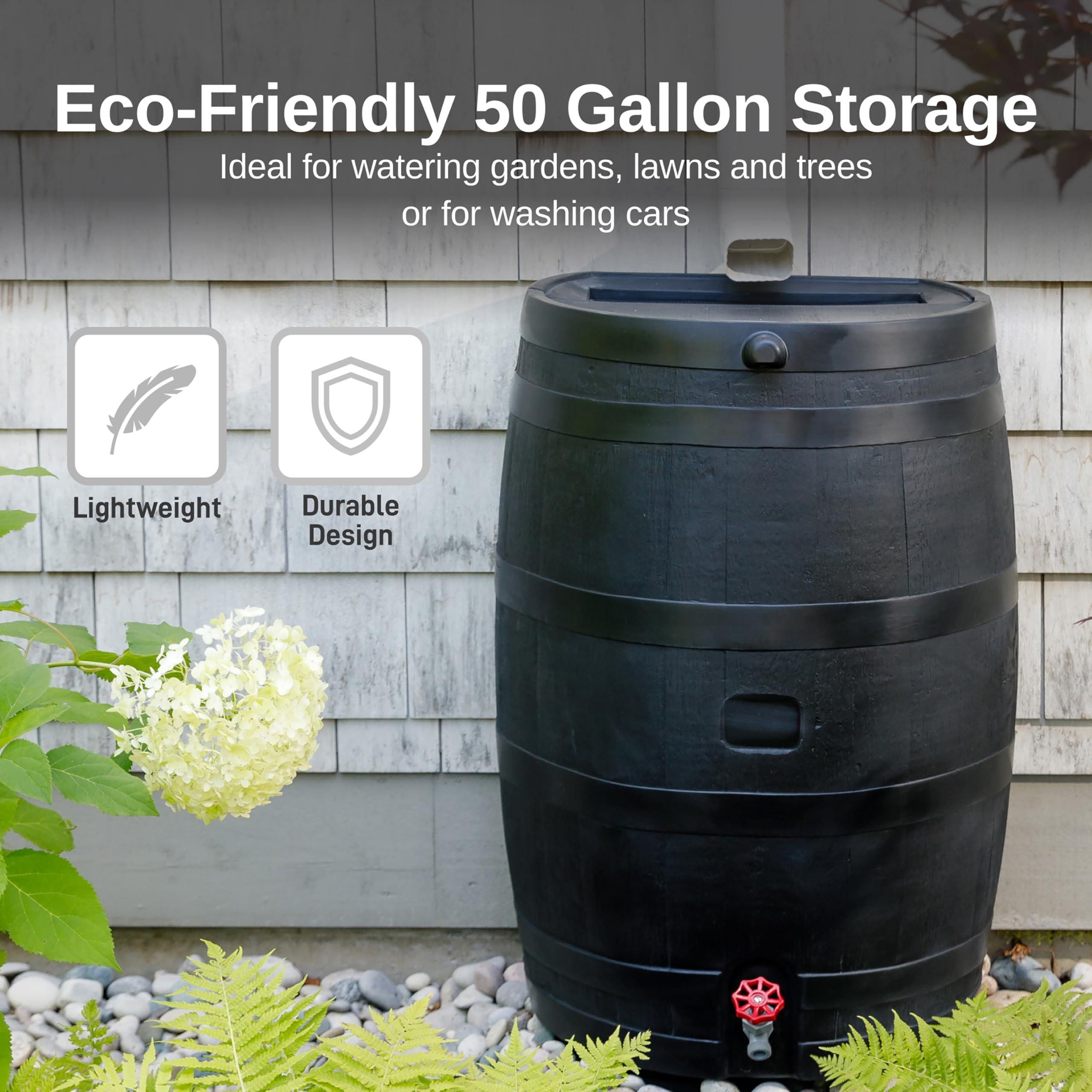 RTS Home Accents 50-Gallon ECO Rain Barrel Made with 100% Recycled Plastic, Flat Back Rain Water Collection Barrel, Soaker Hose Included, Black - Image 7