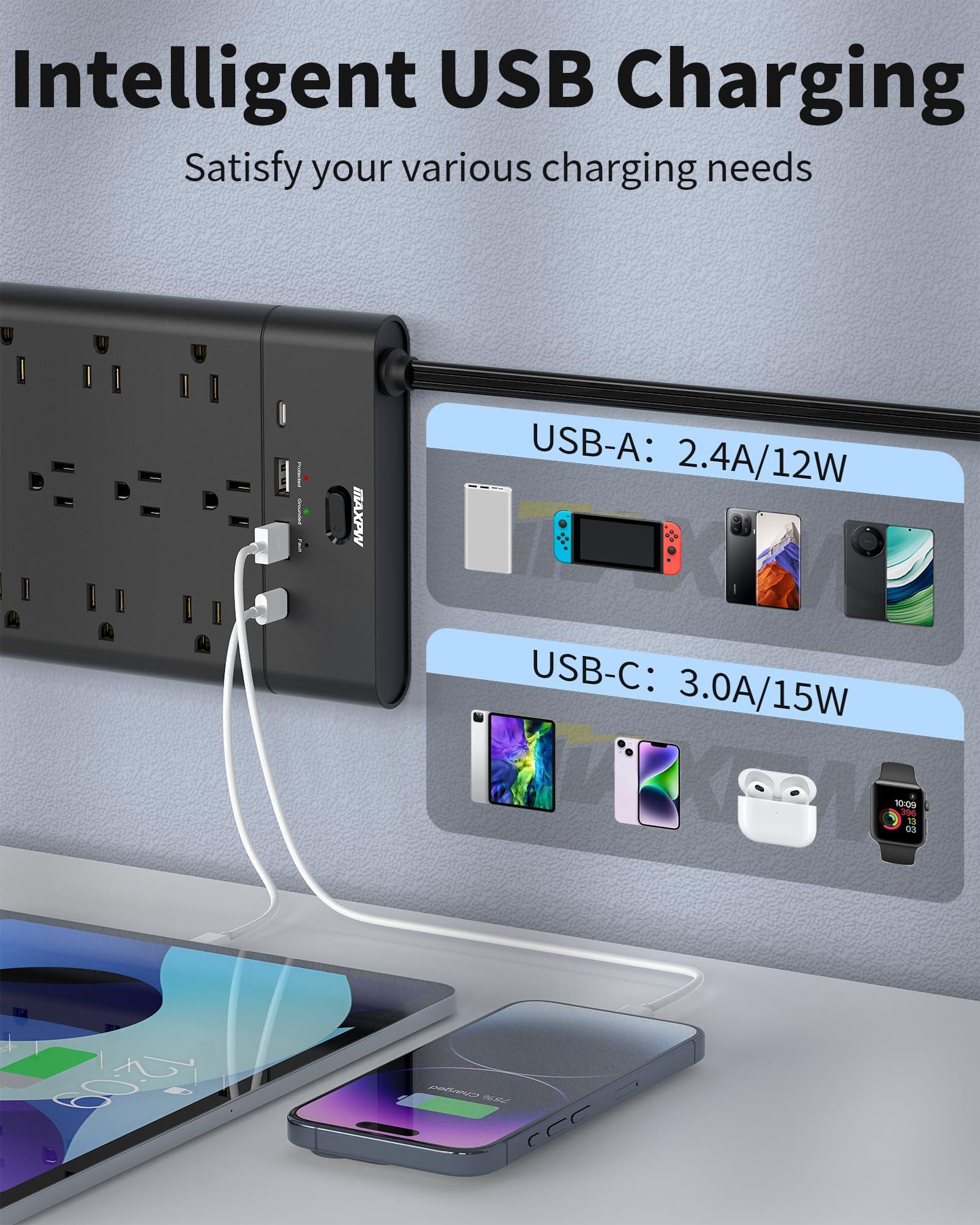Power Strip Surge Protector Outlet Extender with 19 Outlets and 4 USB Ports (2 USB C), 10 Ft Extension Cord & Flat Plug, 2100 Joules, Wall Mount for Home, Office, Dorm, Black - Image 5