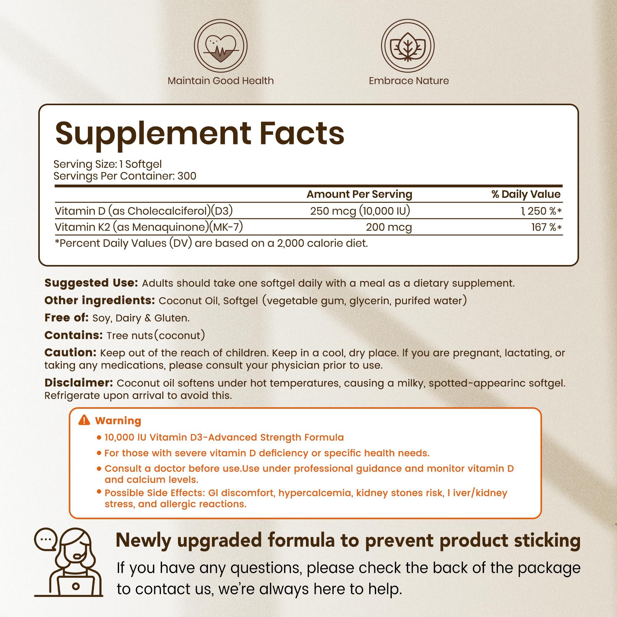 VEV Vitamin D3 Con K2 10000 IU, 300 Virgin Coconut Oil Softgels, 2 in 1 Vitamins Supplement D & K (Include MK7), Easy to Swallow, Supports Calcium Absorption, Bone Health(Packaging May Vary) - Image 2