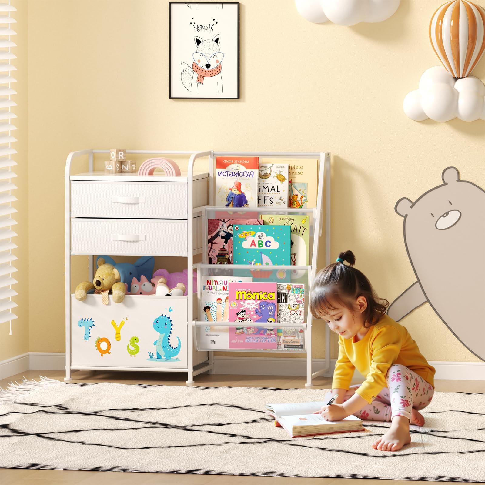 BBLIKE Kids Bookshelf and Toy Storage Organizer - 3 Tier Book Shelf with Movable Toy Box for Kids Rooms, Ideal Bookcase and Toy Organizer with 2 Drawers for Playroom, Bedroom, Nursery, White - Image 4