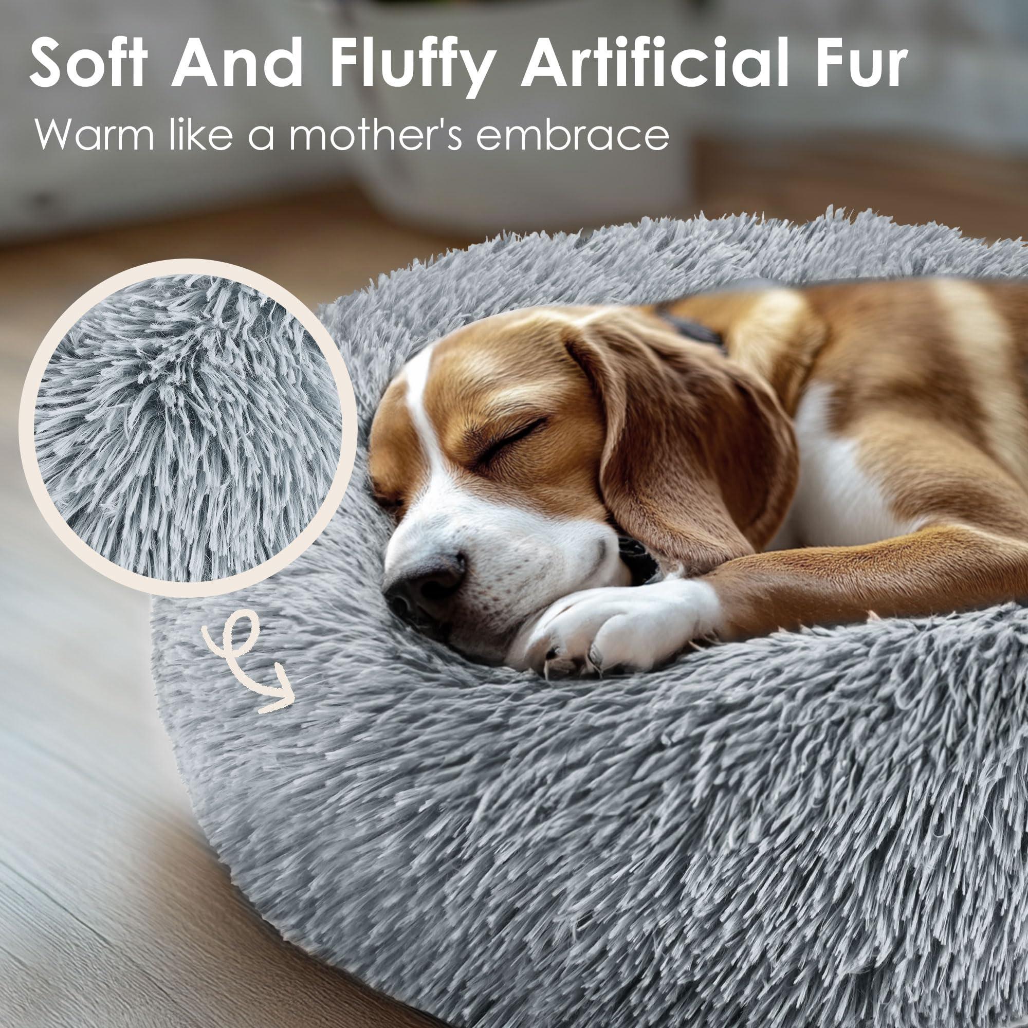 Hoewina Dog & Cat Bed for Indoor Cats, 20in Calming Donut Bed for Puppy and Kitten, Washable Round Fluffy Pet Bed for Small Medium Dogs and Cats (Light Grey) - Image 4