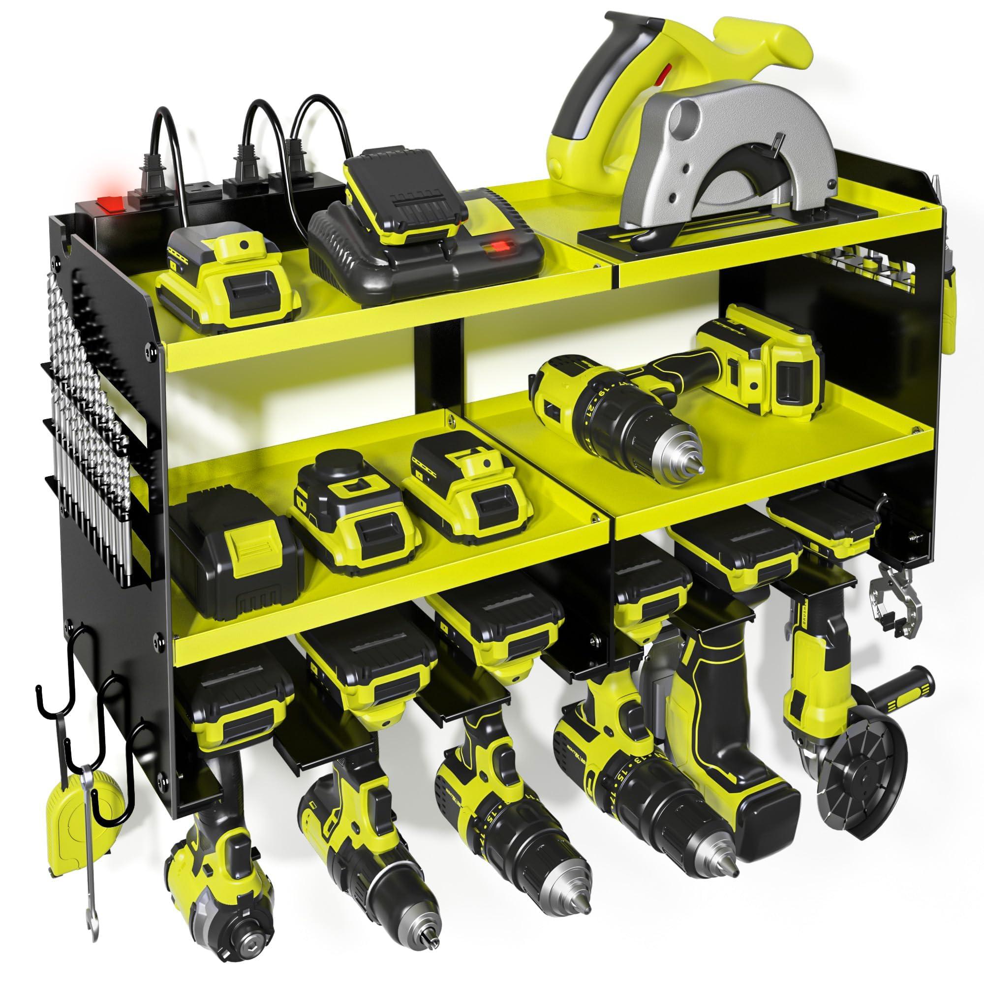 Spampur Power Tool Organizer, 15 Min Quick Assembly & Max 150lb load by Heavy Duty Metal, 6 Slots for Cordless Drill with 4 Outlet Power Strip in Garage/Workshop/Pegboard Suitable for Father Day