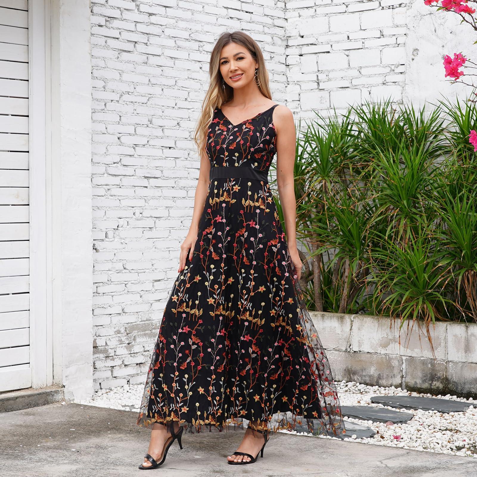 Long Floral Embroidery Dress for Women Flower Embroidered Maxi Dress Spaghetti Straps Formal Evening Party Tulle Prom Dress - Image 3