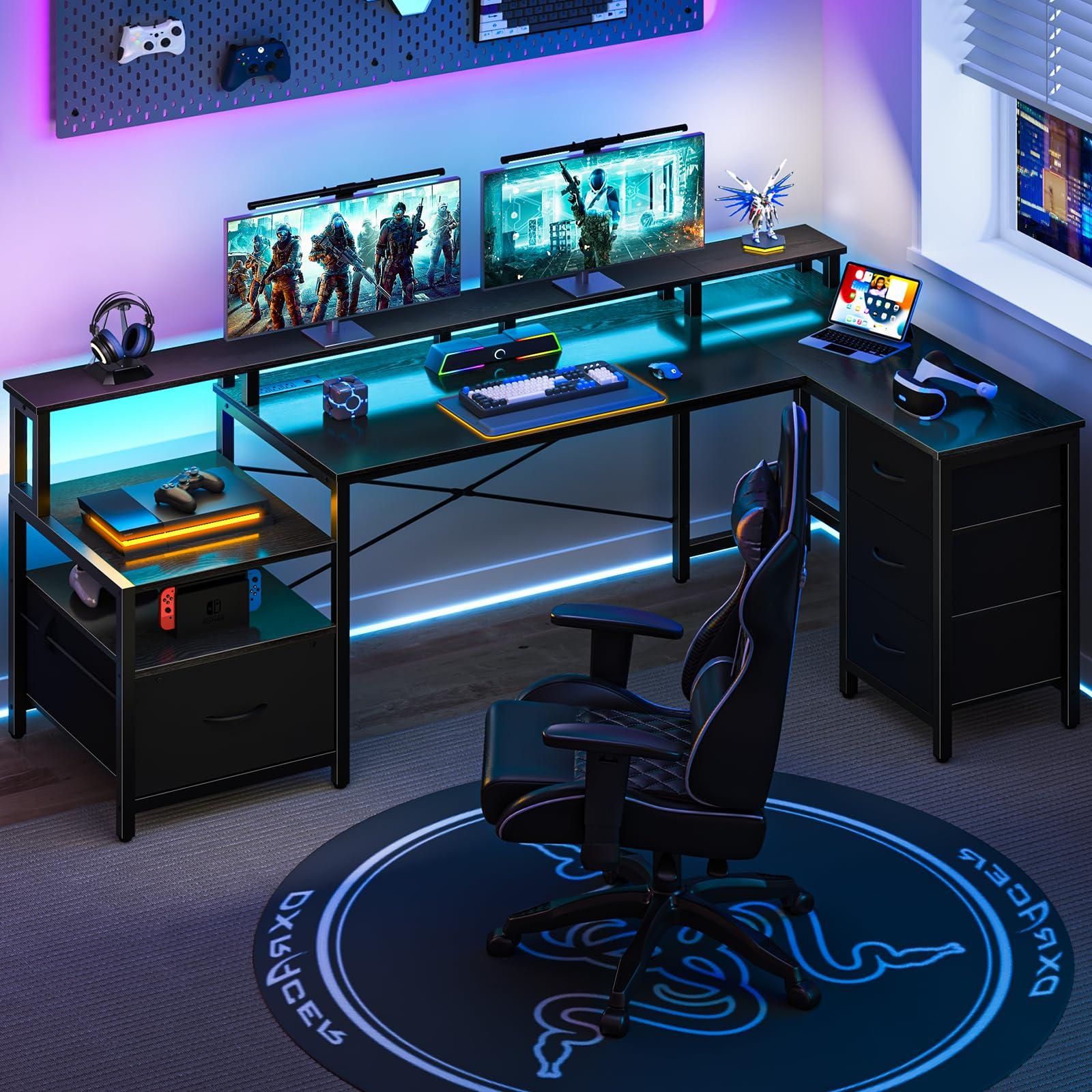 Yoobure L Shaped Desk with Drawers, Gaming Desk with LED Lights & Outlets, 75" Reversible Computer Desk with Storage File Cabinet & Printer Stand, Corner Desk Office Desk with Dual Monitor Stand Black