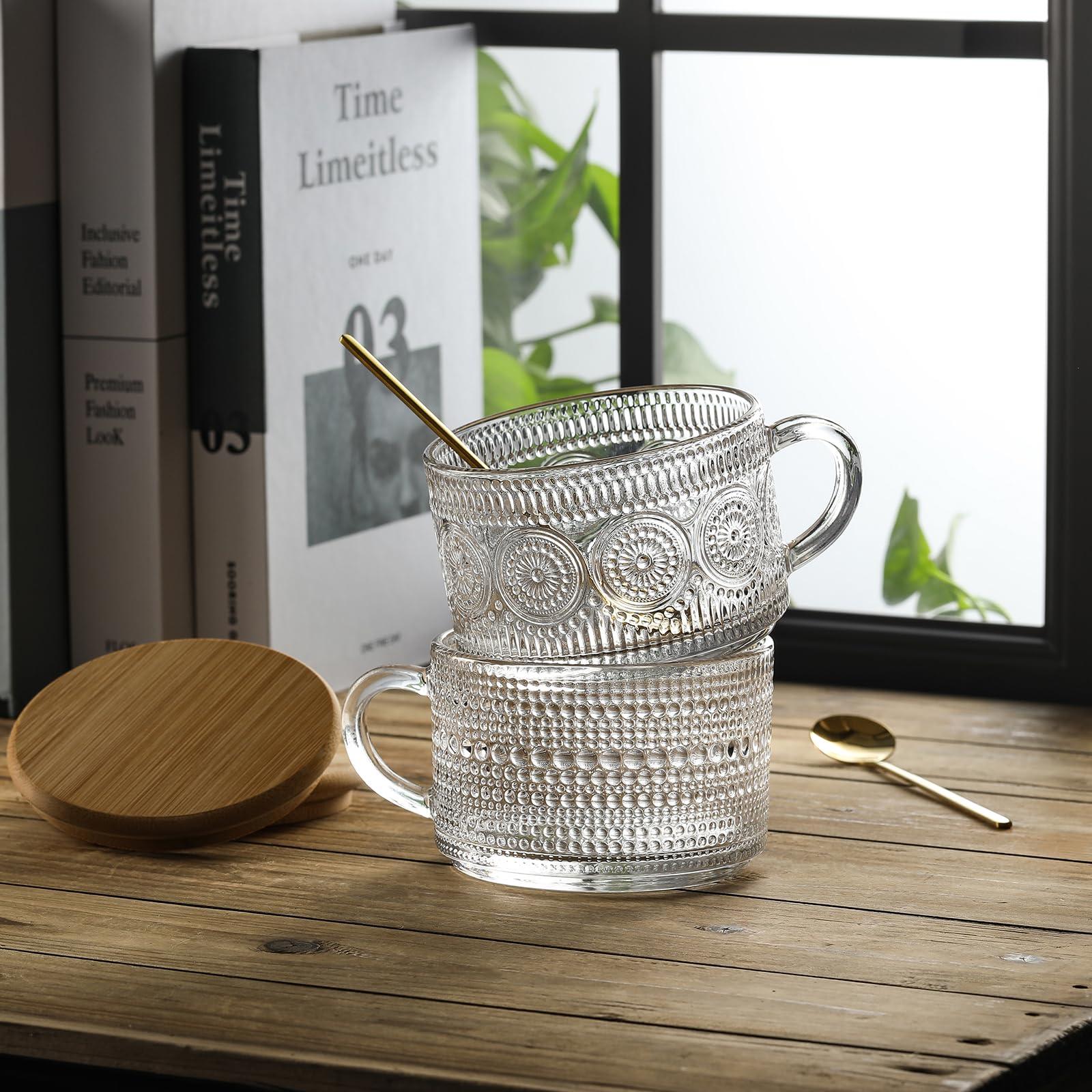LANDNEOO 4pcs Set Vintage Coffee Mugs gifts for women, Overnight Oats Containers with Bamboo Lids and Spoons - 14oz Clear Embossed Glass Cups, Cute Coffee Bar Accessories, Iced Coffee Glasses - Image 7