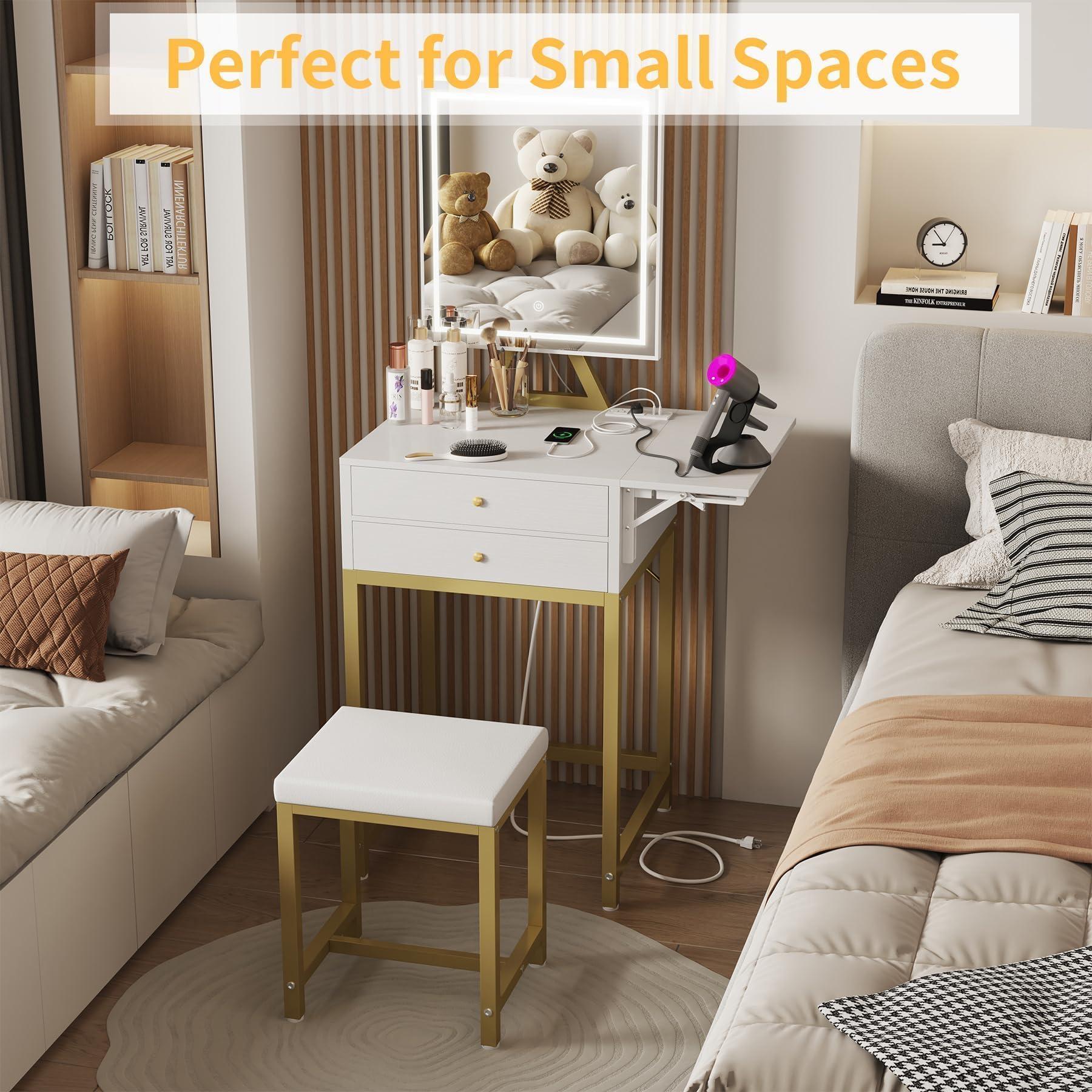 KAI-ROAD Small Makeup Vanity Desk with Lights - White Girls Vanity Set with Mirror and Chair, Make Up Dresser Table with Drawers and Power Outlet for Bedroom Small Space, Gold - Image 3
