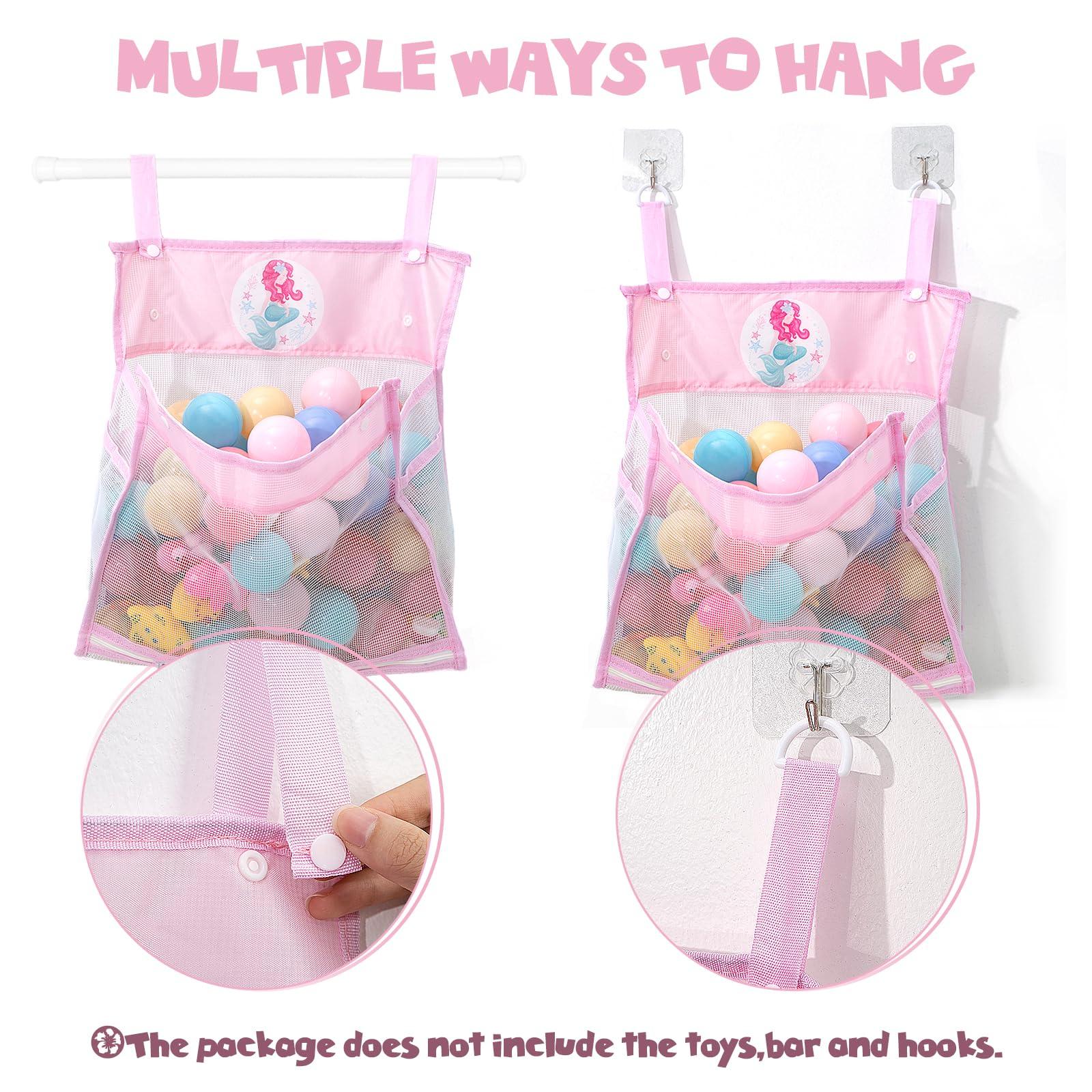 Gealaek Bath Toy Organizer Storage for Kids Mesh Bath Toy Holder with Large Capacity Multiple Hanging Options & Bottom Zipper for Easy Access (Pink Mermaid) - Image 4
