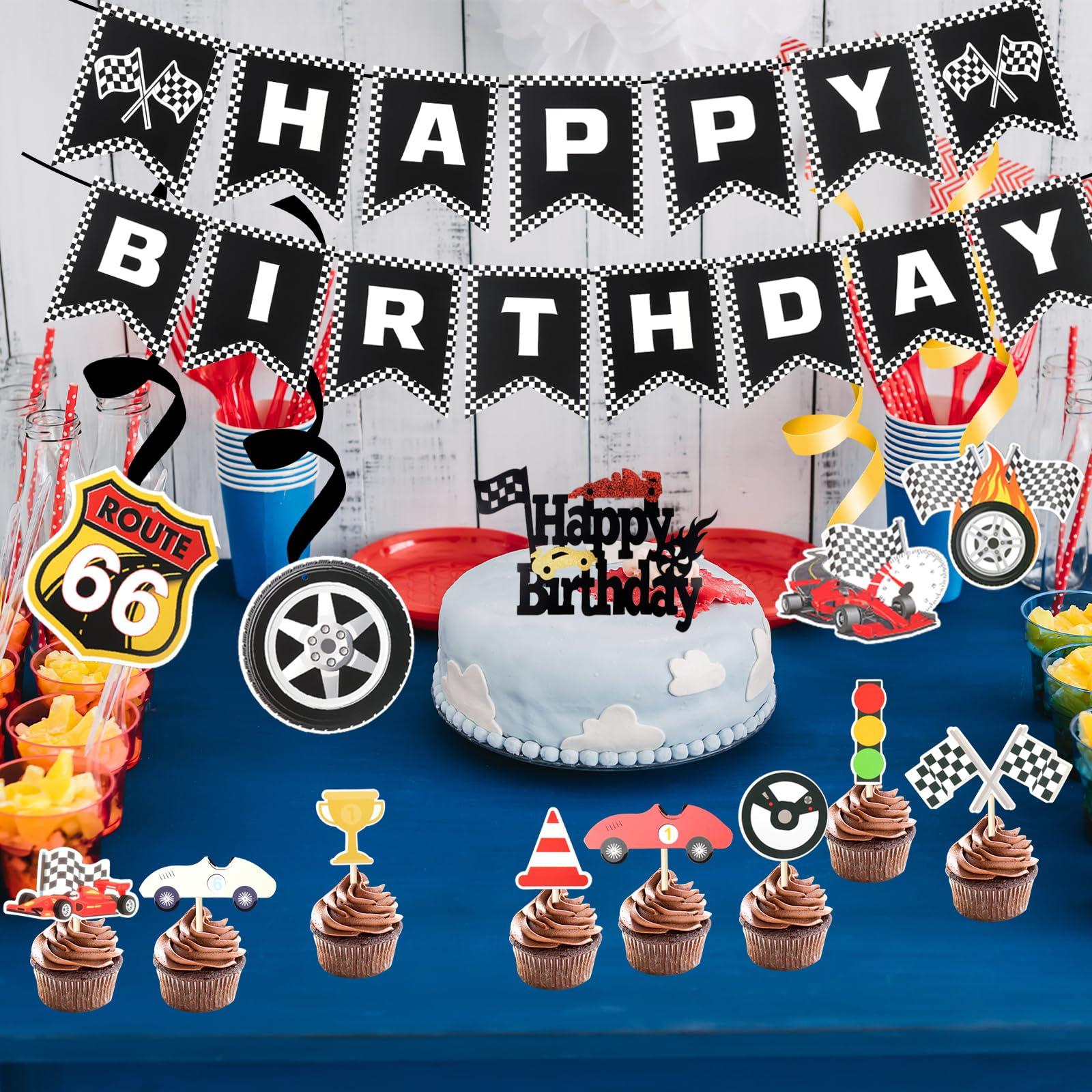 25Pcs Race Car Birthday Party Decorations Set Include Race Car Happy Birthday Banner Race Car Birthday Cupcake Toppers Race Car Garland Hanging Swirls Racing Themed Birthday Party Supplies - Image 6