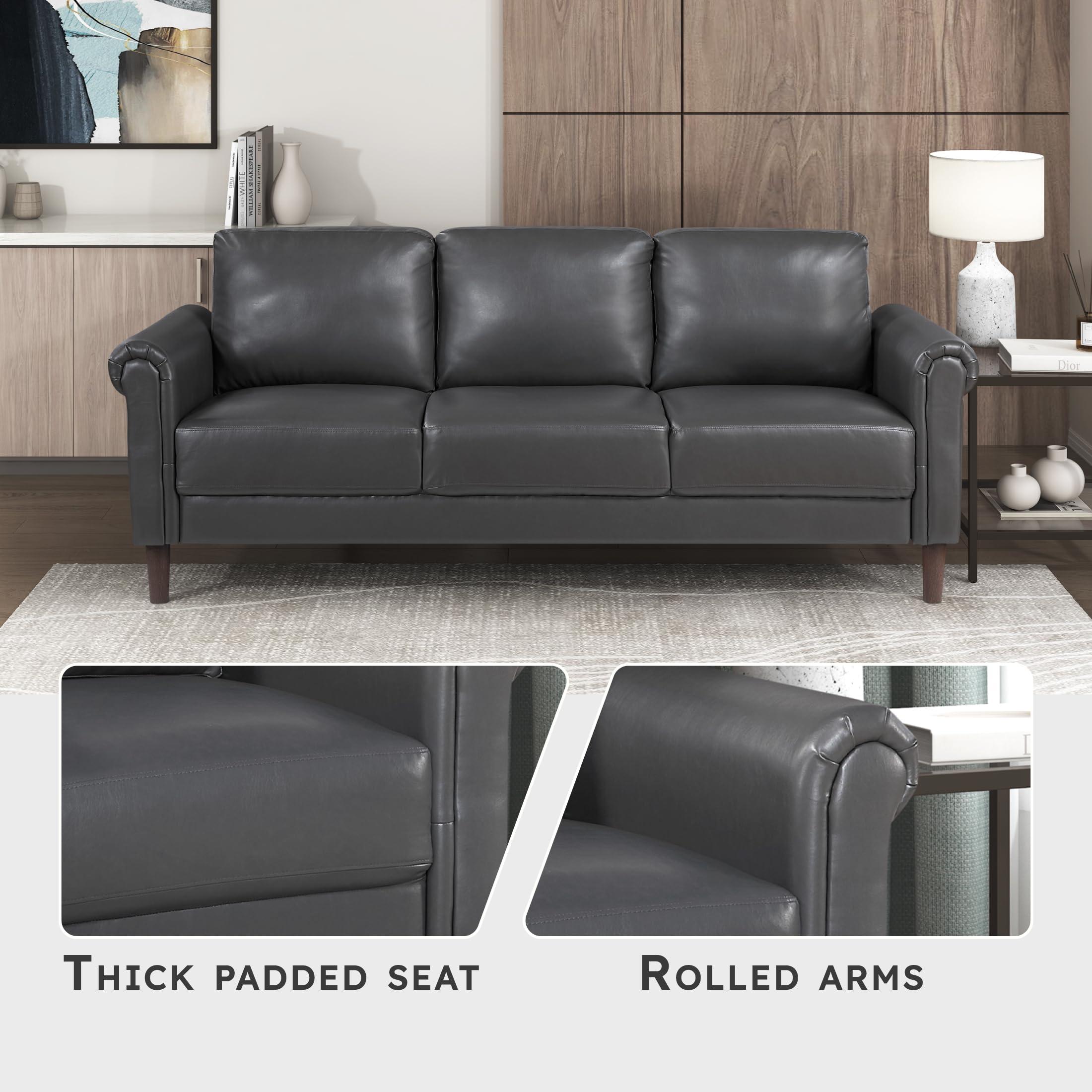 Lexicon 79" W Sofa Couch, Faux Leather Upholstered Couch, Sofa with Rolled Armrest for Bedroom/Office/Waiting Room, 3 Seater, Dark Gray - Image 3