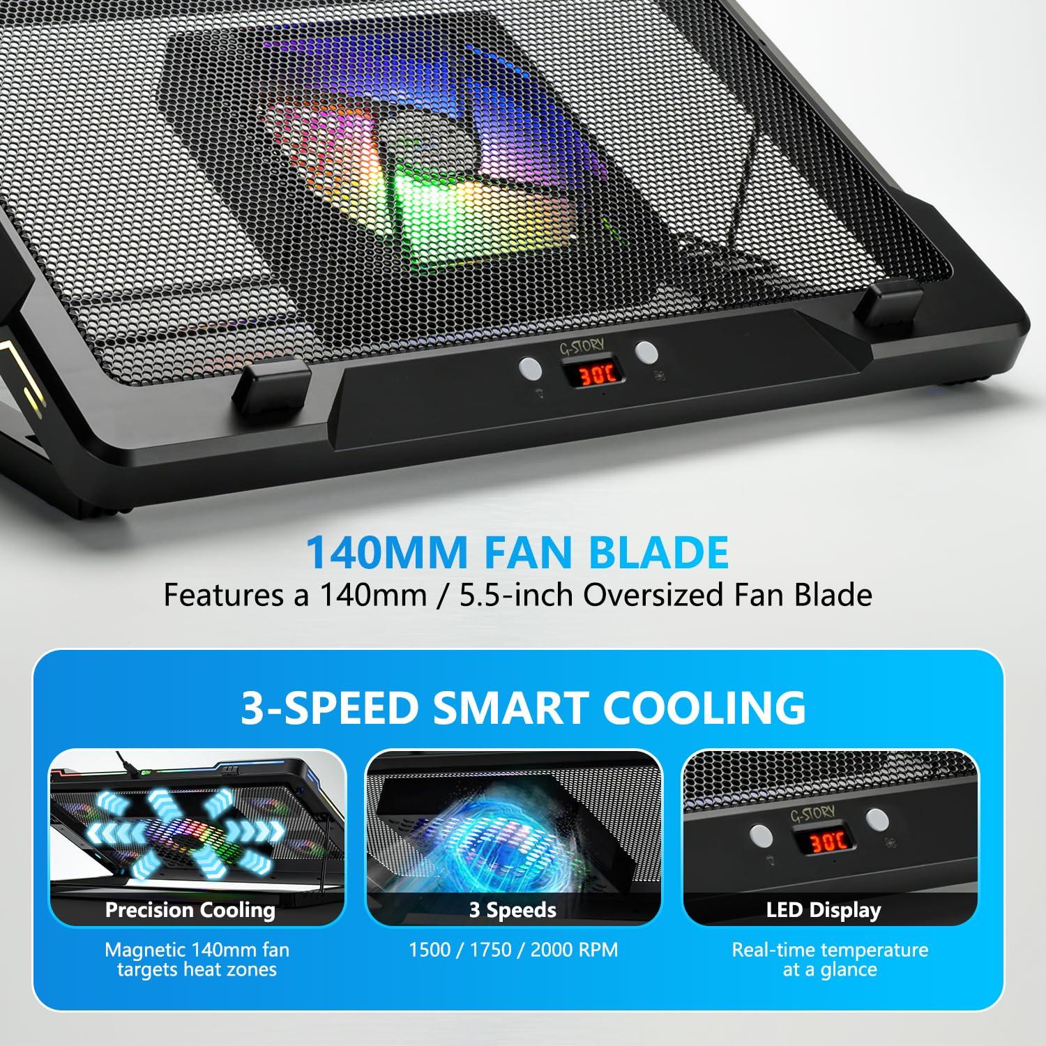 G-STORY Gaming Laptop Cooling Pad with Movable Fan and Automatic Speed Adjustable by Temperature,Music Sync RGB Light,Low Noise Laptop Cooler 3 Speed 1500/1750/2000RPM(140MM) Stand 12–18" Notebook - Image 3