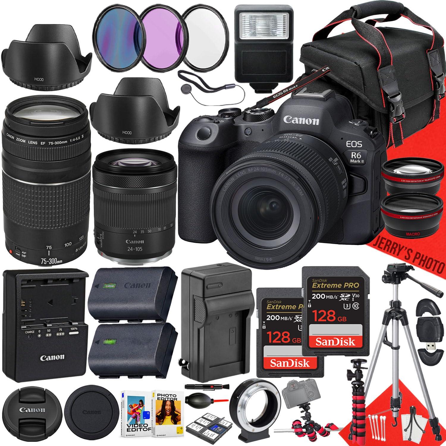 Canon EOS R6 Mark II Mirrorless Camera with 24-105mm f/4-7.1 IS STM and EF 75-300mm f/4-5.6 III Lens + 128GB and 64GB Memory + Extra Charger + Filters + Tripod + More (33pc Bundle) (Renewed)