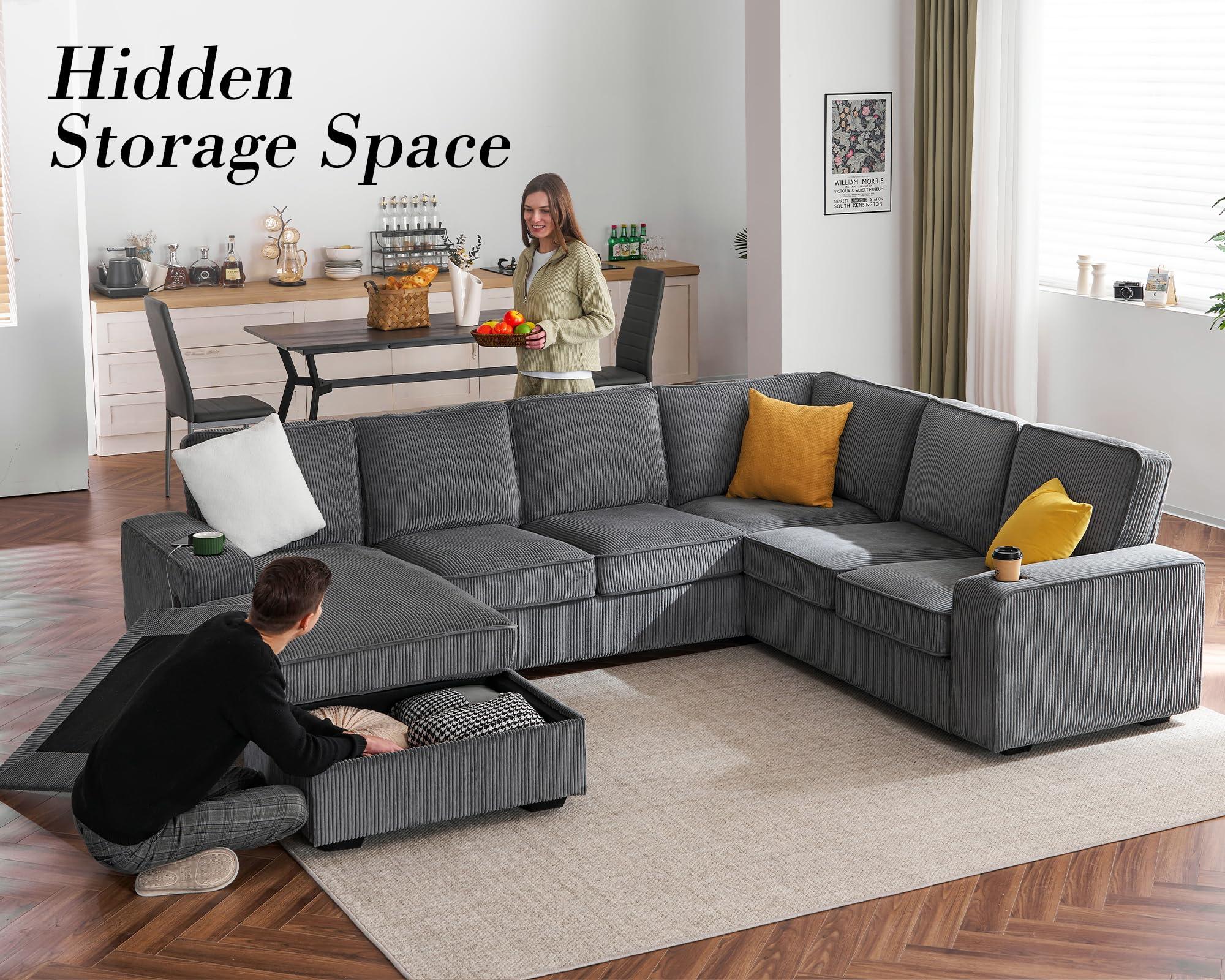 PaPaJet U Shaped Couch, 112 Inch Oversized Couch with Storage Chaise, Sectional Sofa with Cup Holders & 2 USB Ports, Corduroy Grey Sofa Couch - Image 4