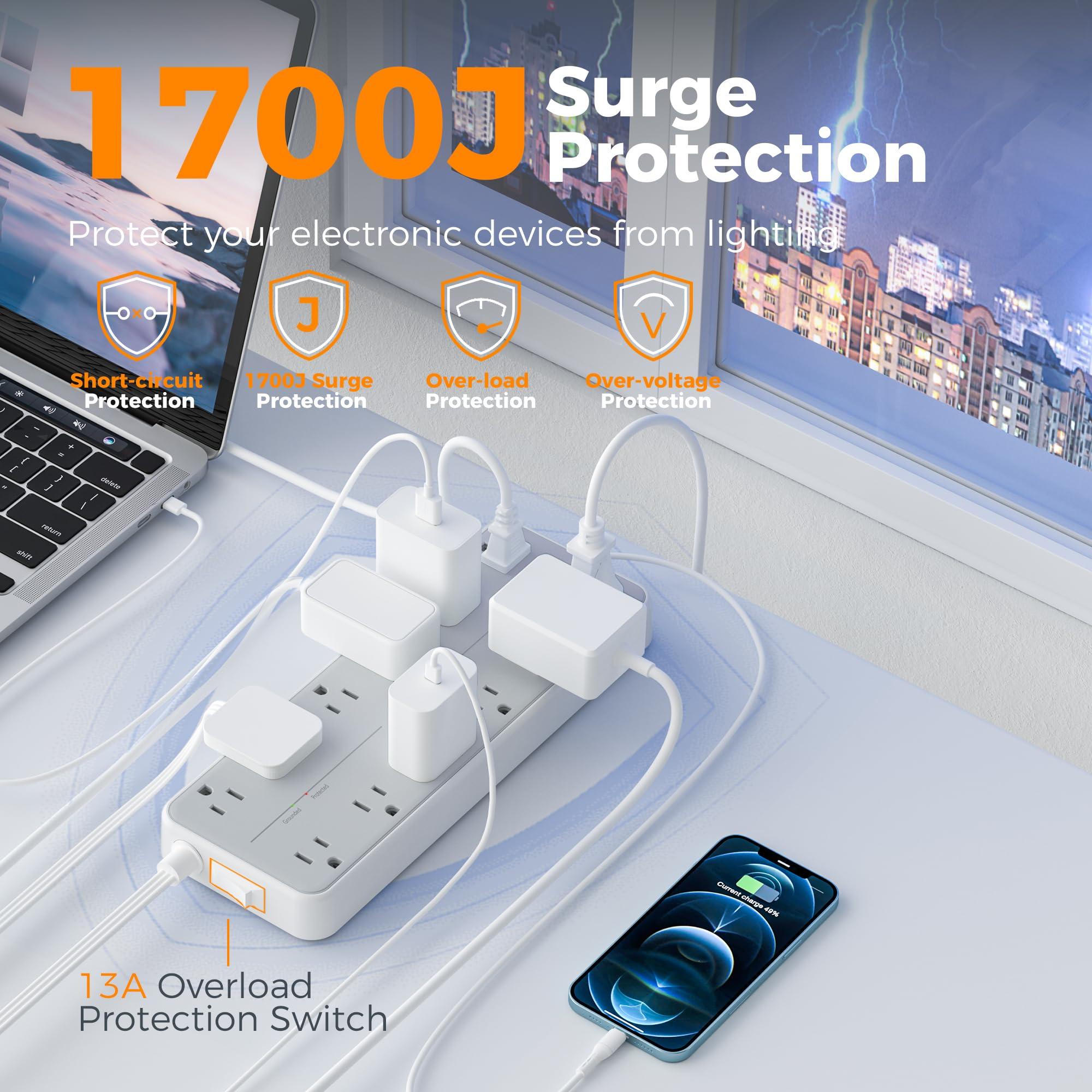 Surge Protector Power Strip, TESSAN Extension Cord with Multiple Outlets, 12 AC Outlets, 3 USB Ports(1 USB C), Flat Wall Plug, 5 Ft, 1700 Joules Protection for Home Office Dorm Room Essentials - Image 3