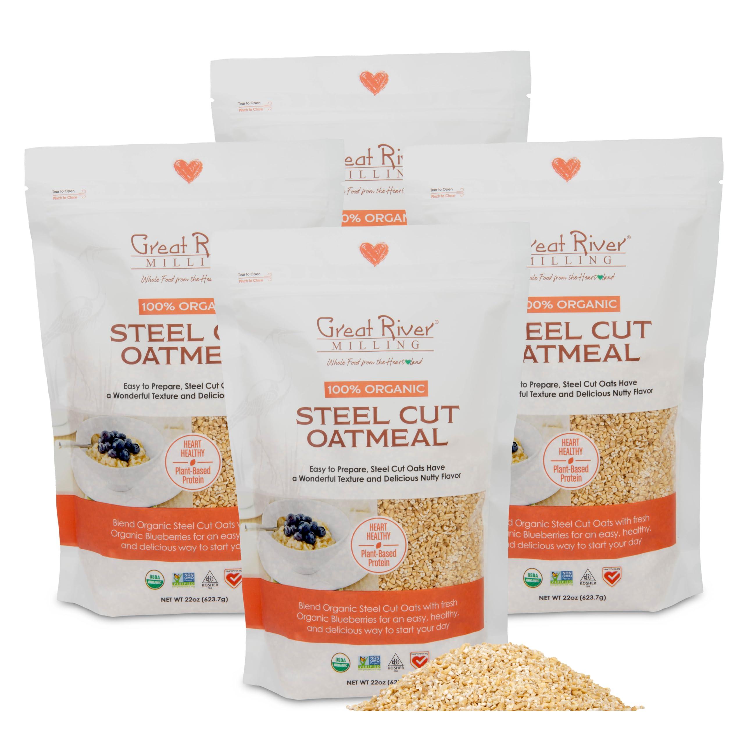Great River Organic Milling Organic Steel Cut Oats | Whole Grain, Non-GMO, Kosher | Hearty Healthy | Rich Texture & Flavor | Perfect for Oatmeal, Porridge, Granola & Baking | 22 oz (Pack of 4)