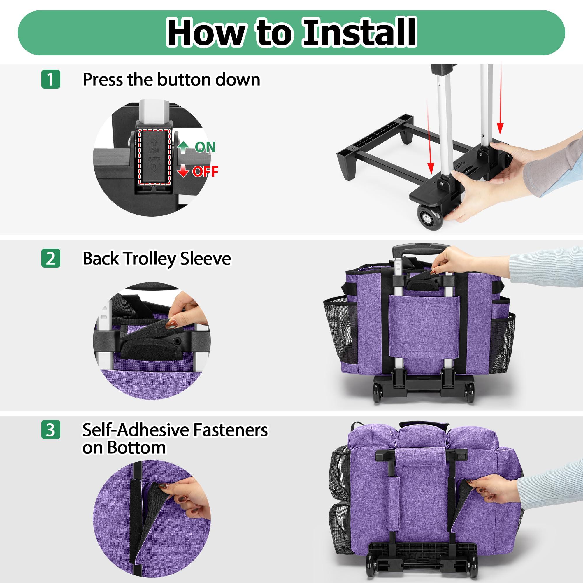 LoDrid Rolling Cleaning Bag with Detachable Trolley, Professional Cleaning Caddy with Shoulder Strap for Housekeepers, Portable Cart on Wheels for Supplies, Purple (Patent Design) - Image 6