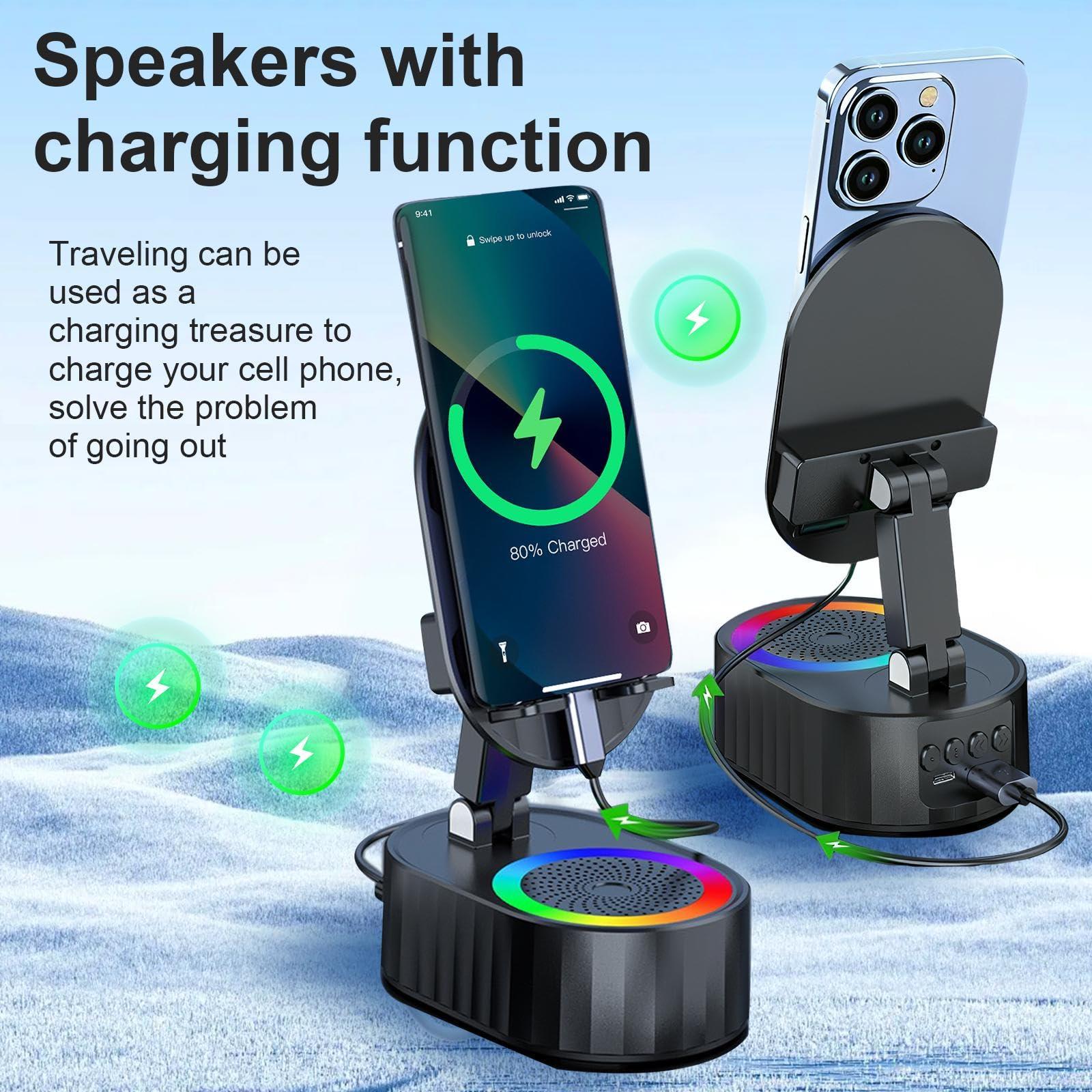 AKLLCCR Wireless Induction Audio Bluetooth Speaker 5in1 Phone Holder Emergency Rechargeable (3000mAh) with Colorful Ambient Light 300° Foldable for Tablet iPhone Android, Gifts for Men Women (Black) - Image 4